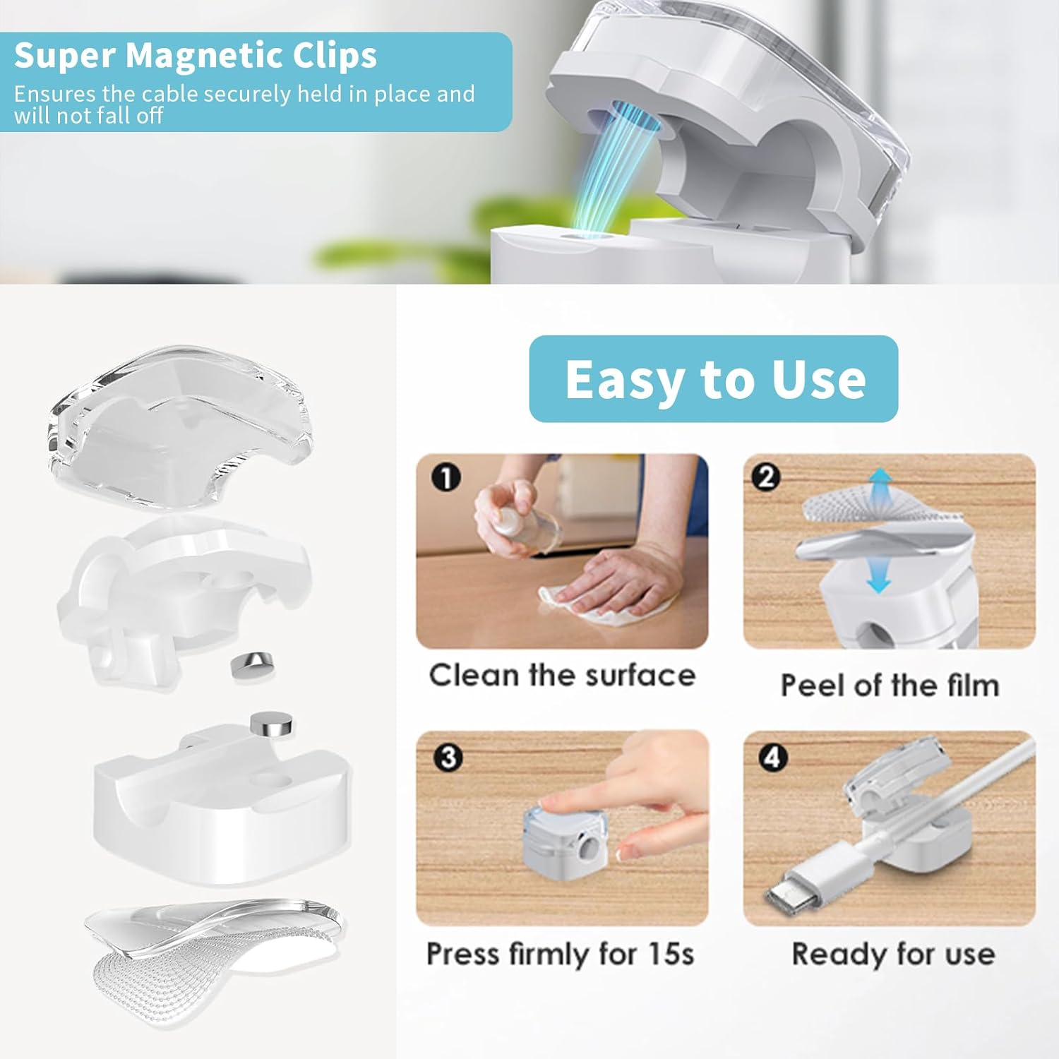 6 Pack Magnetic Cable Clips, Adhesive Cable Organize, Cord Management Holder, under Desk Cord Tidy Clips, Phone Wire Keeper, USB Charger Cable Holder for Nightstand Kitchen Appliances Car Office (WH) image number 3