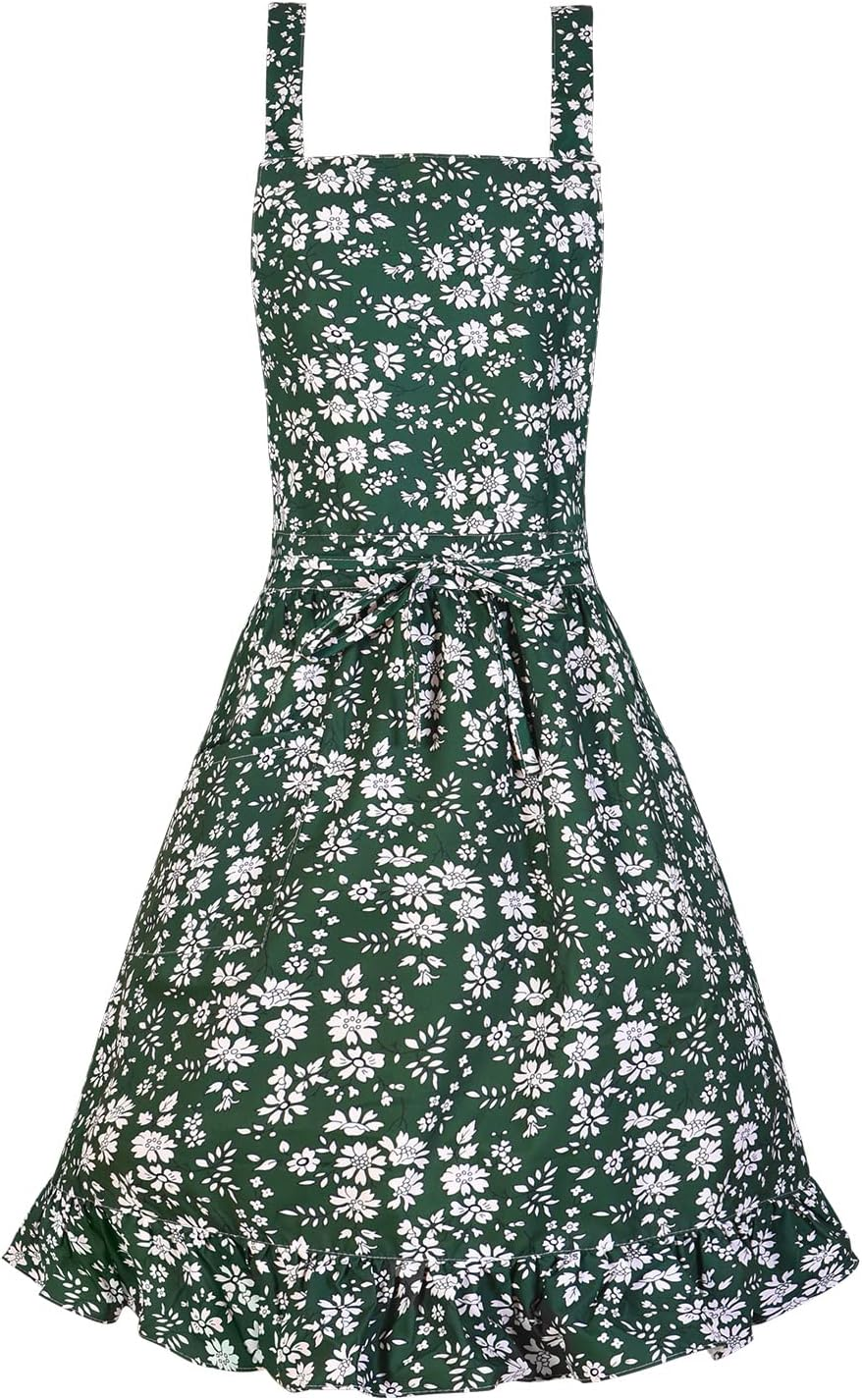 Vintage Pinafore Apron Dress for Women with Pockets Cute Floral Chef Aprons for Kitchen Cooking Baking Gardening image number 3
