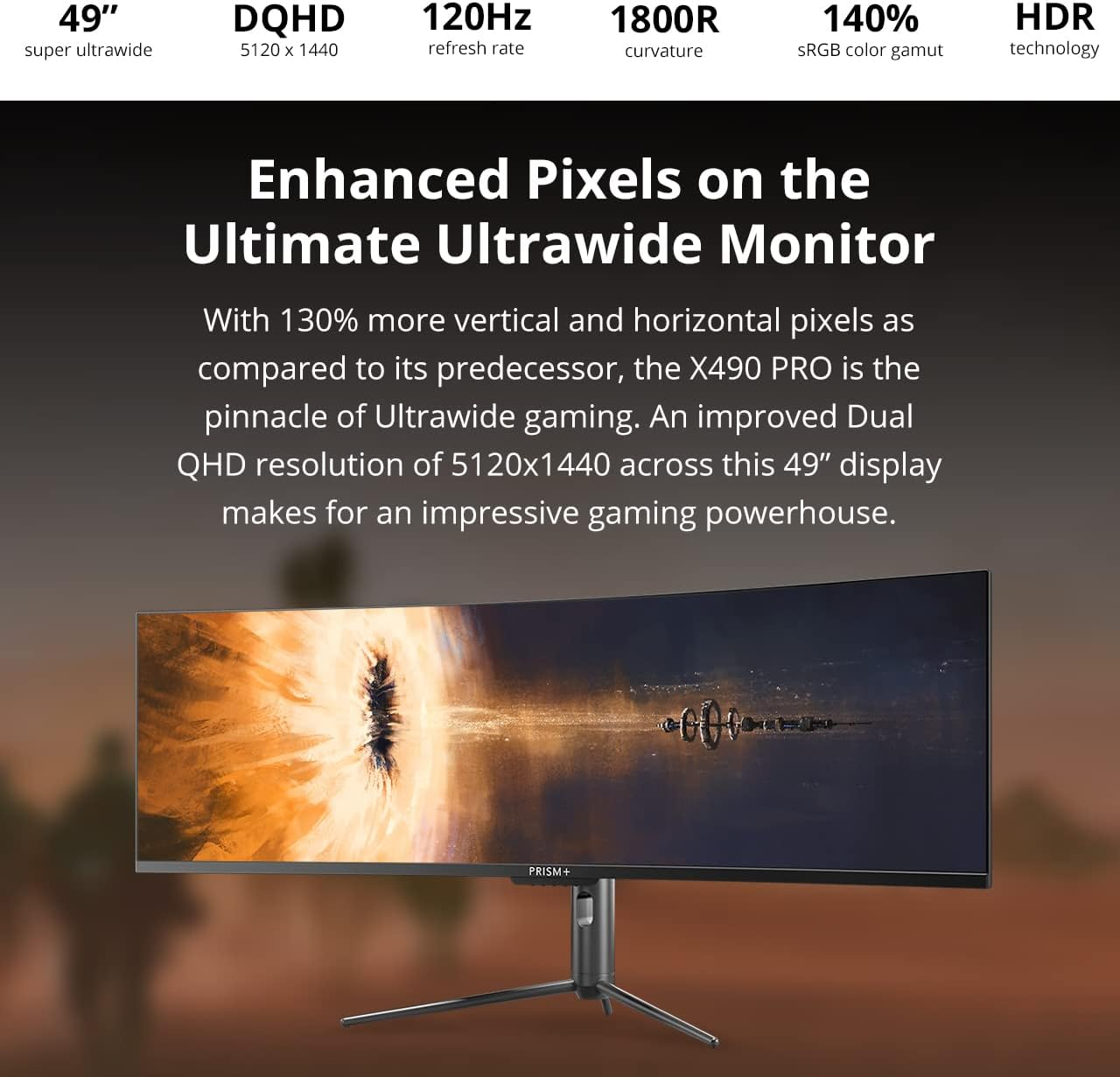 Prism+ X490 Pro 49" Curved QLED Super Ultrawide Gaming Monitor, 32:9 DQHD (5120X1440), 120Hz, 4Ms, Adaptive Sync Technology, Ergonomic Stand, Zerobezel, Eye Care Technology, 3 Yrs Warranty image number 2