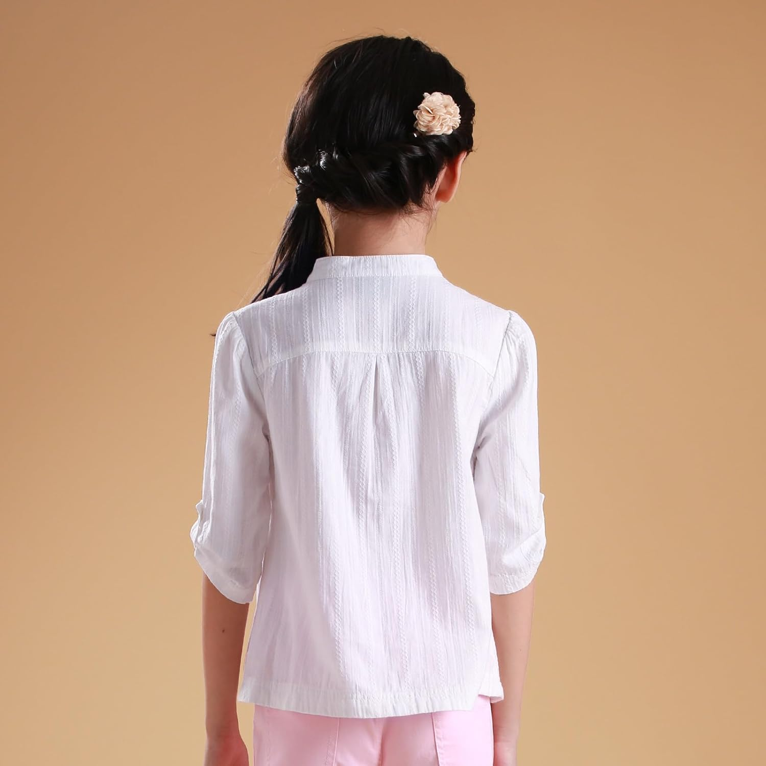 MEILONGER Girls White Blouse Cotton Linen Casual Collar Button down Shirts Girls Short Sleeve T Shirt Linen Stand Collar Tops Summer Size 8,10-12,14-16 image number 1