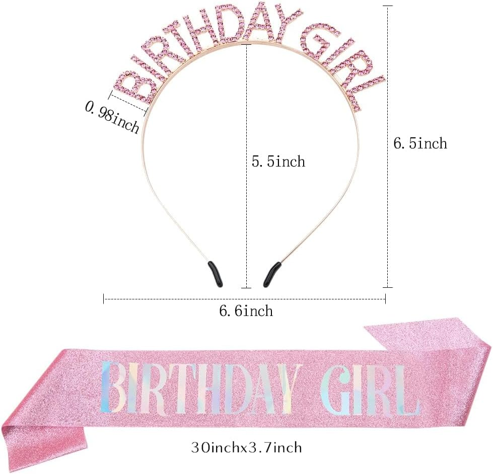 Birthday Girl Sash Crown Set - Sparkling Rhinestone Tiara for Women, Girls Party Birthday Gifts for Sister, Bestie, Daughter Princess Birthday Decor Accessories (Pink) - Gold Black image number 6