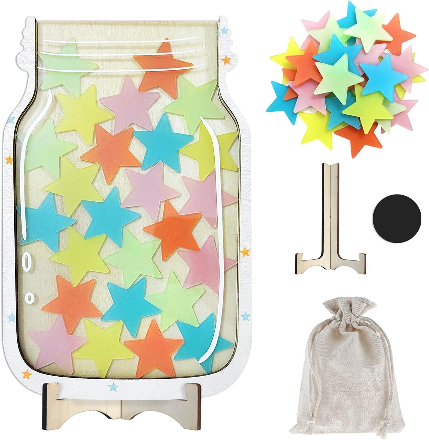 Personalized Pastel Stars Reward System, Incentive Jar for Classroom Responsibility, Children'S Reward with Standing Wooden Base and Linen Pocket for Home School Teacher Parent