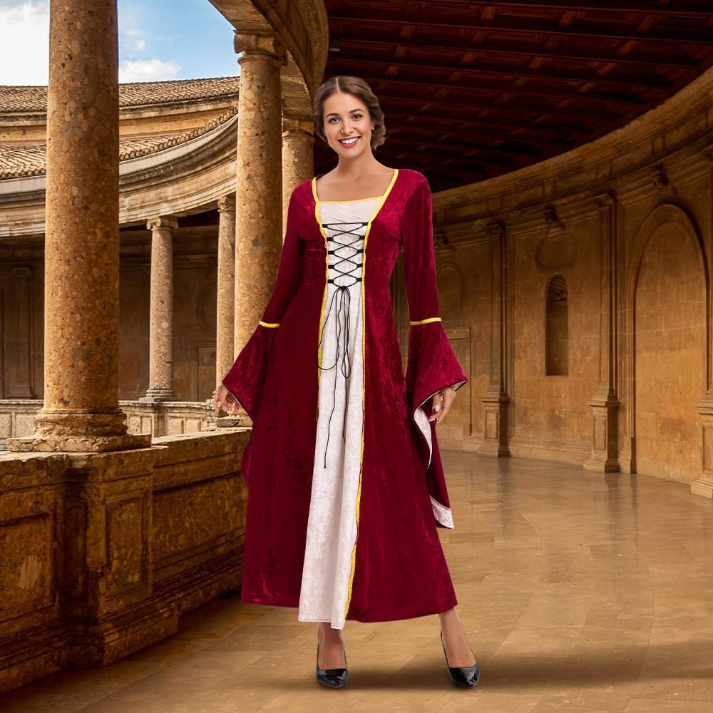 AUTOWT Medieval Gothic Renaissance Gown Dress Costume, Velvet Witch Wench Irish Victorian Trumpet Sleeve Costumes for Women Adult Halloween Cosplay Dress up Party image number 1