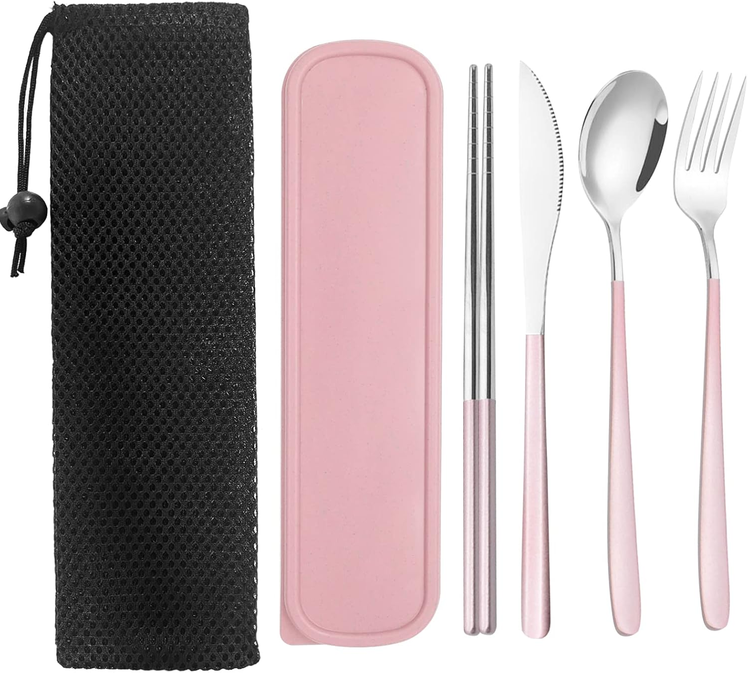 Portable Stainless Steel Cutlery, KUAOOAUK Reusable Travel Utensils, Portable Chopsticks Knife Spoons Forks Set, Travel Cutlery Set with Case for Adults Picnic Camping Daily Use (Pink) image number 1