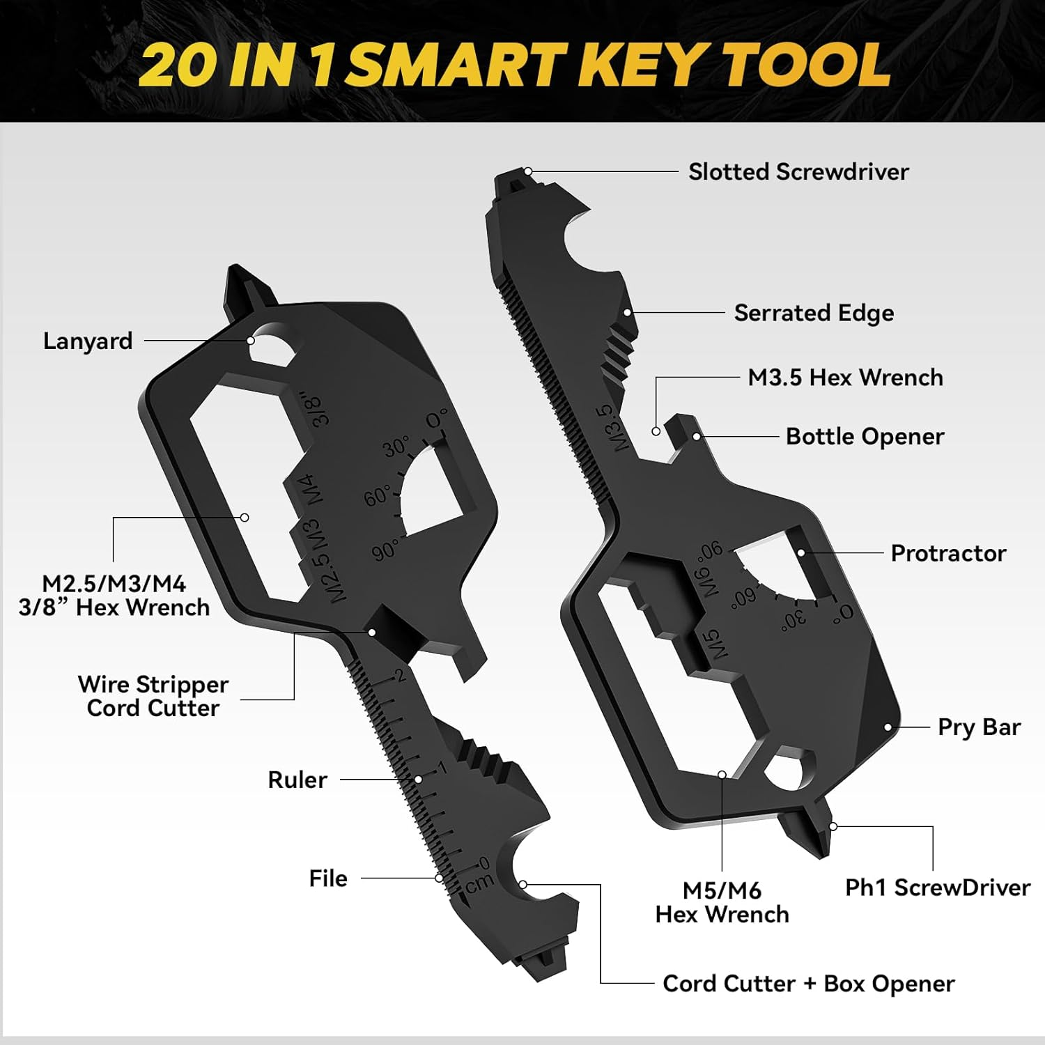 Key Shaped Pocket Multitool 26-In1 Multi Tool, Bottle Opener, Box Opener, Philip and Flat-Head Screwdrivers, 8 Size Hex Wrench, Allen Wrench, Ruler, Protractor, Wire-Stripper (Black) image number 4