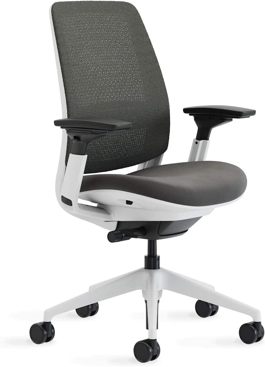 Steelcase Series 2 Ergonomic Office Chair, 3D Microknit Licorice Back, Graphite Grey Fabric Seat; Seagull White Frame, Adjustable Lumbar, Seat Depth Adjustment, Breathable Mesh Back