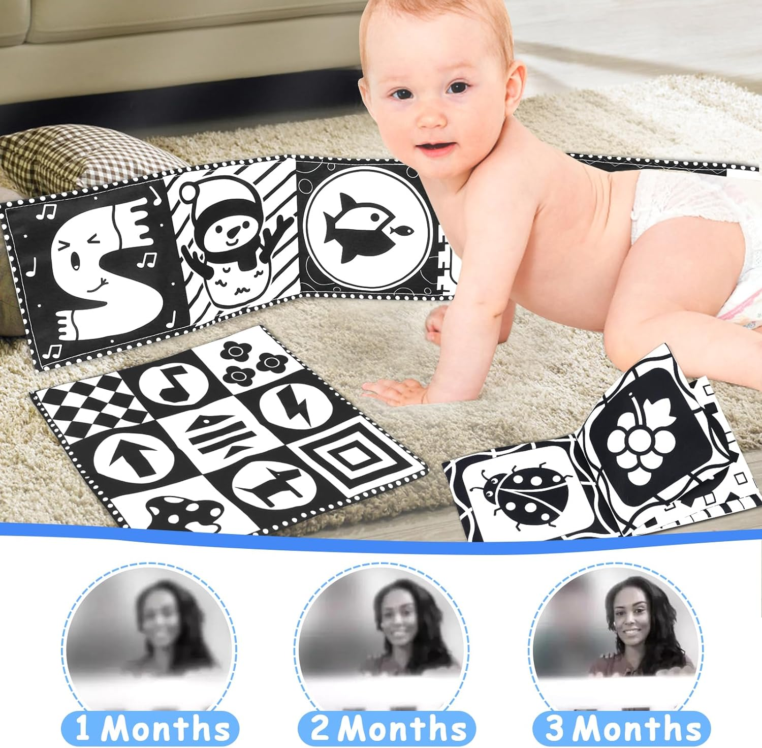 KUANGO Newborn Toys Black and White Baby Toys 0-3 Months High Contrast Baby Toys for Newborn - High Contrast Baby Soft Book Infant Tummy Time Toys Crinkle Sensory Toys for Brain Development image number 2