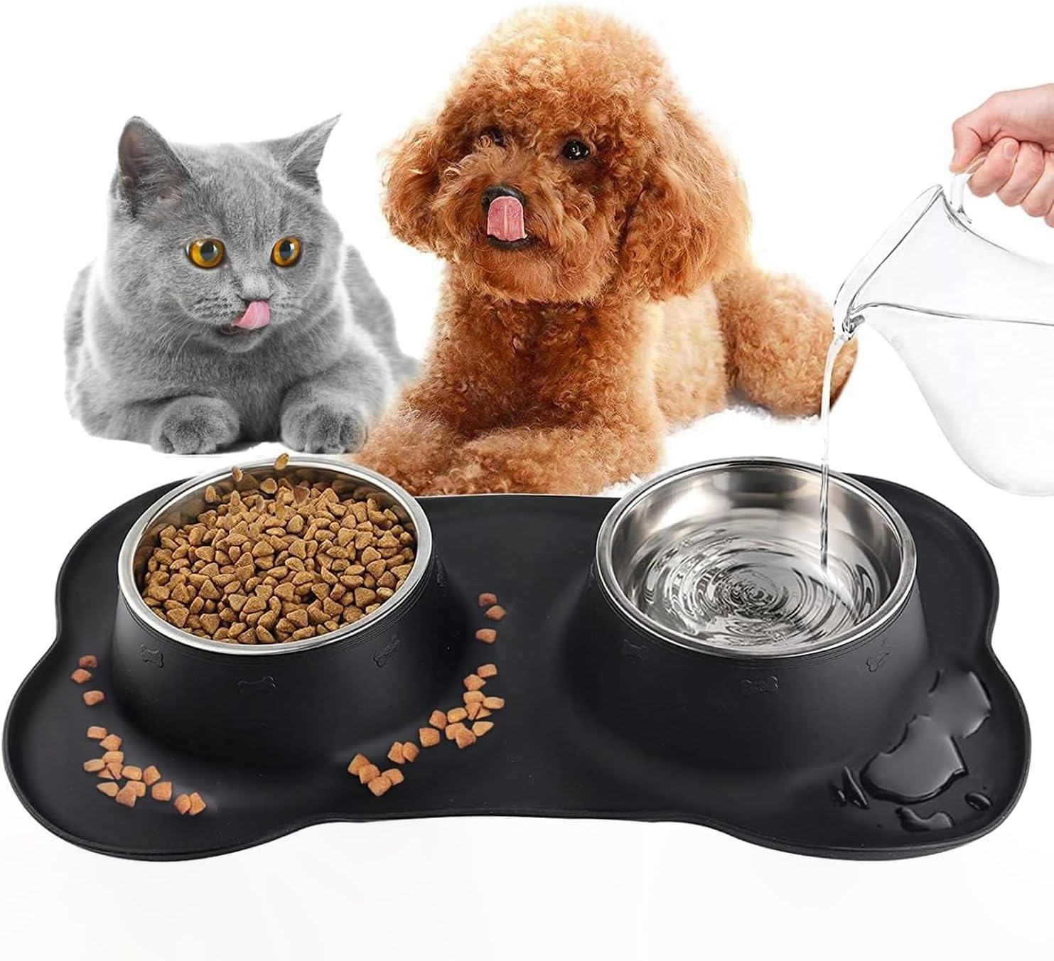 Mumoo Bear Dog Cat Bowls for Food and Water, Upgrade Cat Food Bowls for Indoor Cats, Premium Removable Stainless Steel Double Bowls with Silicone Anti-Slip Pads, Water Bowl for Cats and Dog -Black
