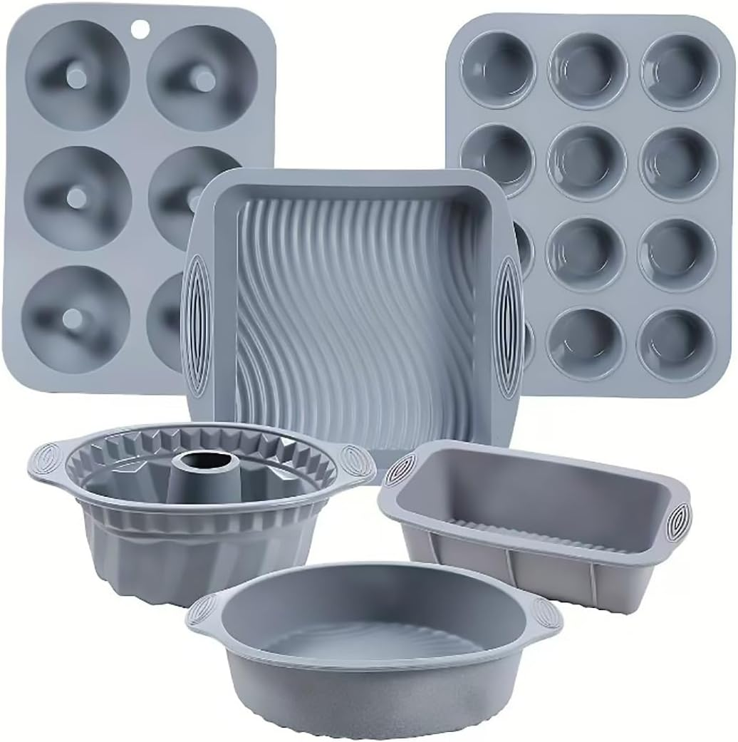 AIMALL 6-Piece Silicone Baking Mold Set, Non-Stick Cake Molds for Oven, Microwave & Freezer - Includes Round, Loaf, Muffin & Chiffon Cake Pans