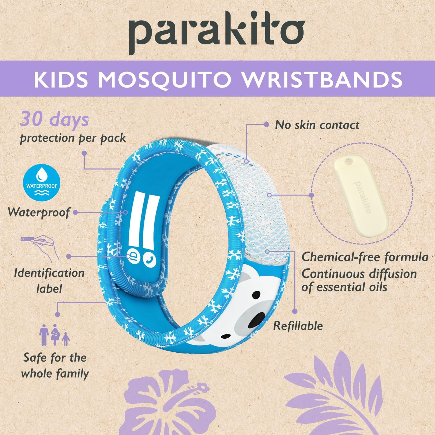 PARAKITO Mosquito Band Kids - Mozzie Bands Kids - W/Natural Essential Oils, No DEET, No Alcohol, Waterproof, from 3+ Years. 30 Days Protection, 15 Days per Pellet, 2 Pellets per Pack (Polar Bear) - Dinosaur image number 5