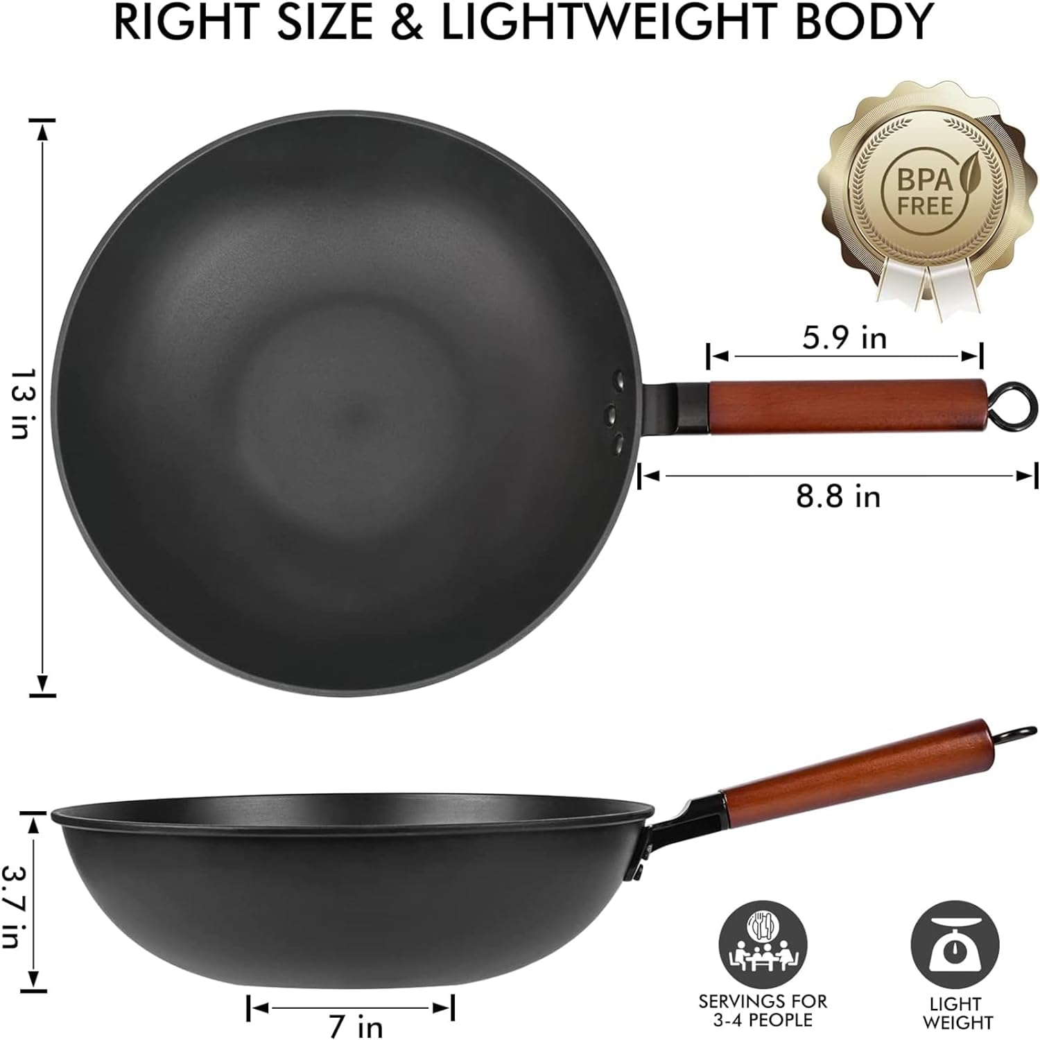 Lyeef Nonstick Wok, 13-Inch Carbon Steel Wok Pan with Lid Woks & Stir-Fry Pans No Chemical Coated Wok with Spatula Flat Bottom Cookware Chinese Wok for Induction, Electric, Gas, Halogen, All Stoves image number 2