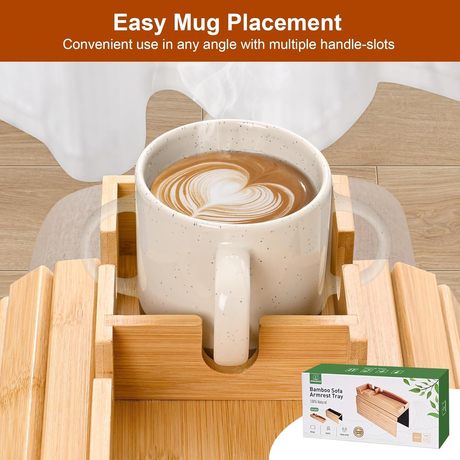 3-In-1 Sofa Armrest Tray &ndash; Detachable Bamboo Couch Cup Holder with Anti-Slip Mat &ndash; Foldable Arm Table for Wide Couches, Perfect for Drinks, Snacks, Cell Phones, and Remotes image number 4