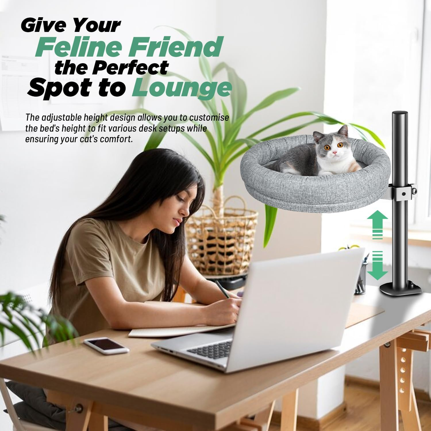 Raised Cat Bed &ndash; 360&deg; Rotating Cat Hammock for Desk | Spacious Elevated Cat Nest with Soft Plush Cushion | Adjustable Height up to 40Cm | Secure Padded Clamp, Space-Saving & Machine Washable image number 6