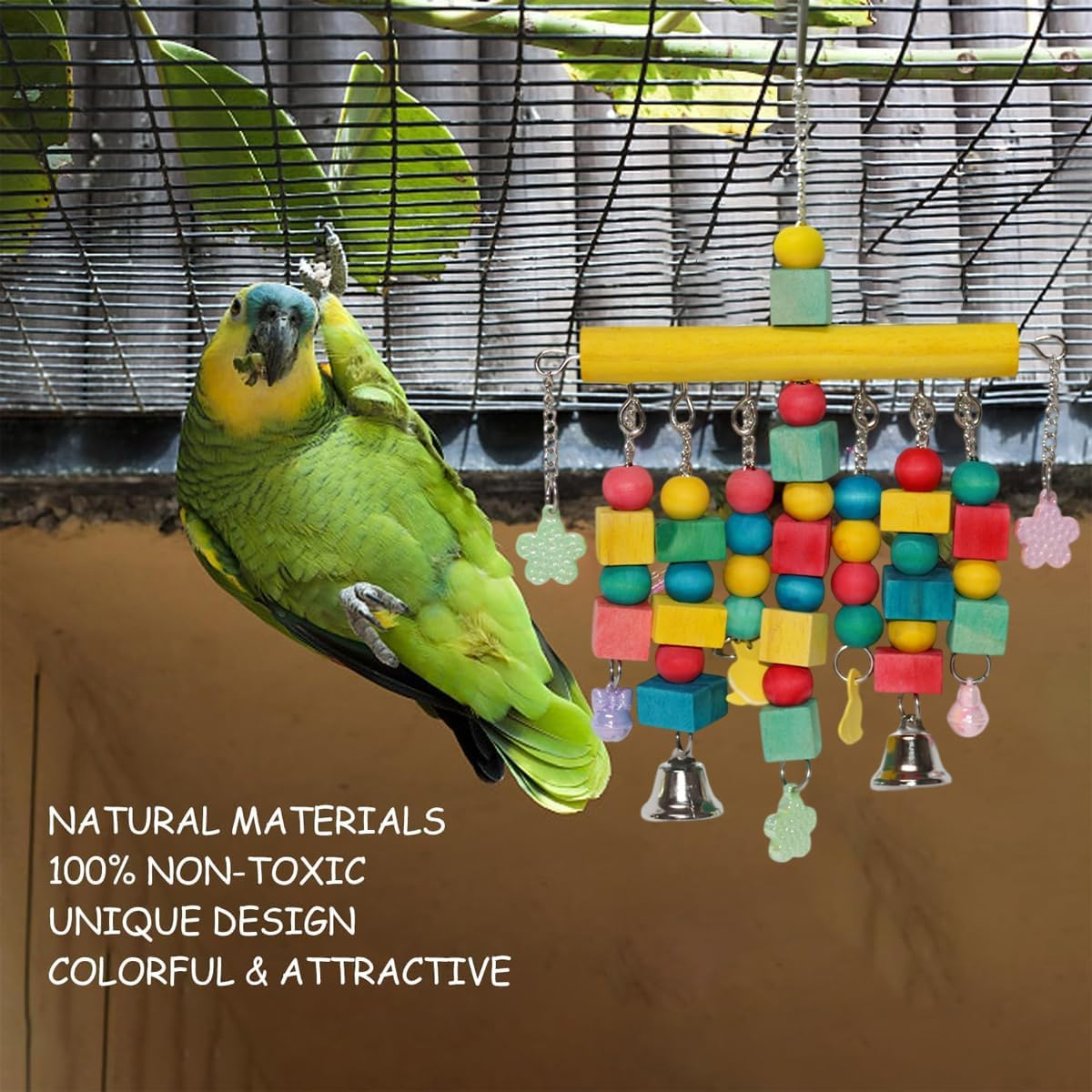 AIMALL Nordic Woven Pendant Bird Cage Toy with Chewable Wood Blocks, 7.87X12.59In, Colourful Parrot Chew Toys for Cockatoos, African Greys & Macaws image number 3