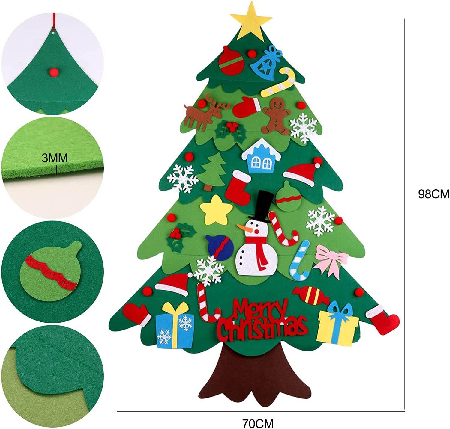 DIY Lighted Felt Christmas Tree Set Xmas Decorations Wall Hanging 32 Ornaments Kids Gift with String Light (Batteries Not Included) image number 2