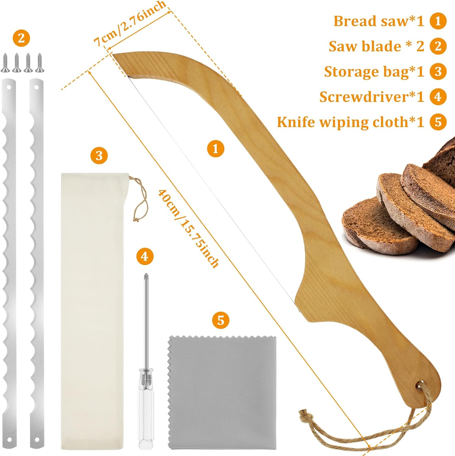 Serrated Bread Bow Knife with 2 Spare Blades,Stainless Steel Bread Cutting Tool,15.7In Fiddle Bow Handle Design Bread Slicer,Sourdough Slicer Knife for Sourdough Loaf Baguettes Bagels image number 2