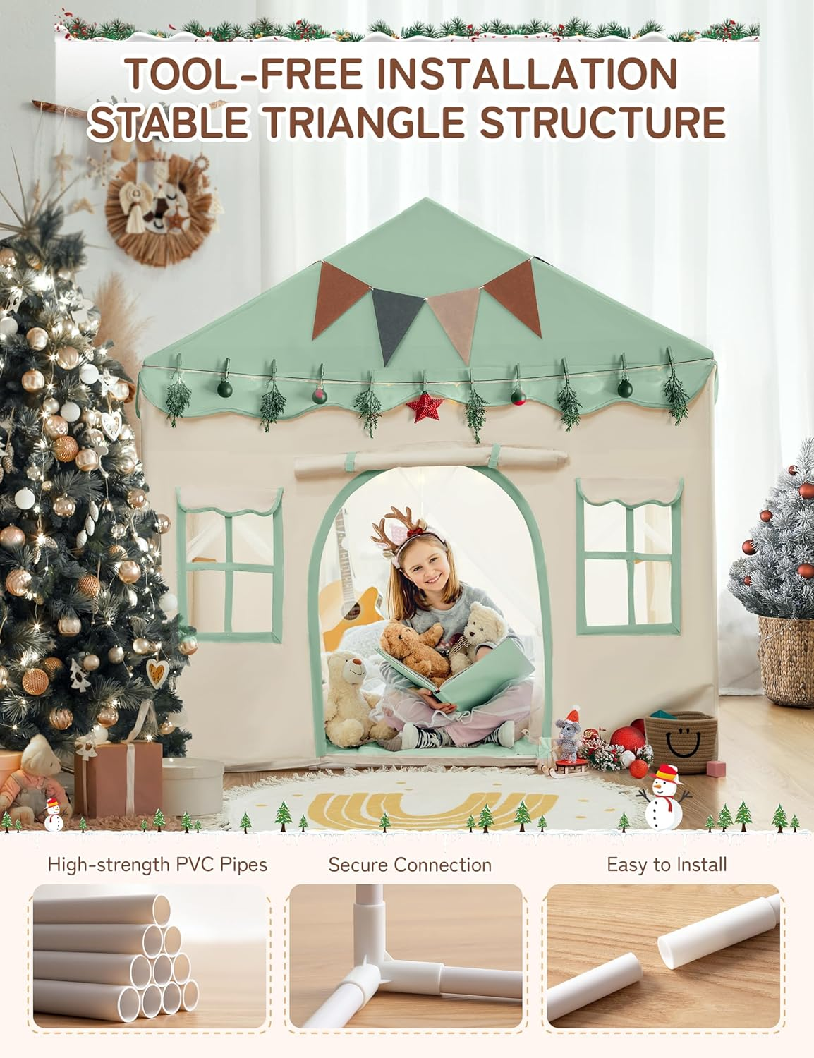 Kids Play Tent, Kids Playhouse 2 in 1 with Padded Mat, Indoor & Outdoor,130 X 89 X 130 Cm, Mint Green and White