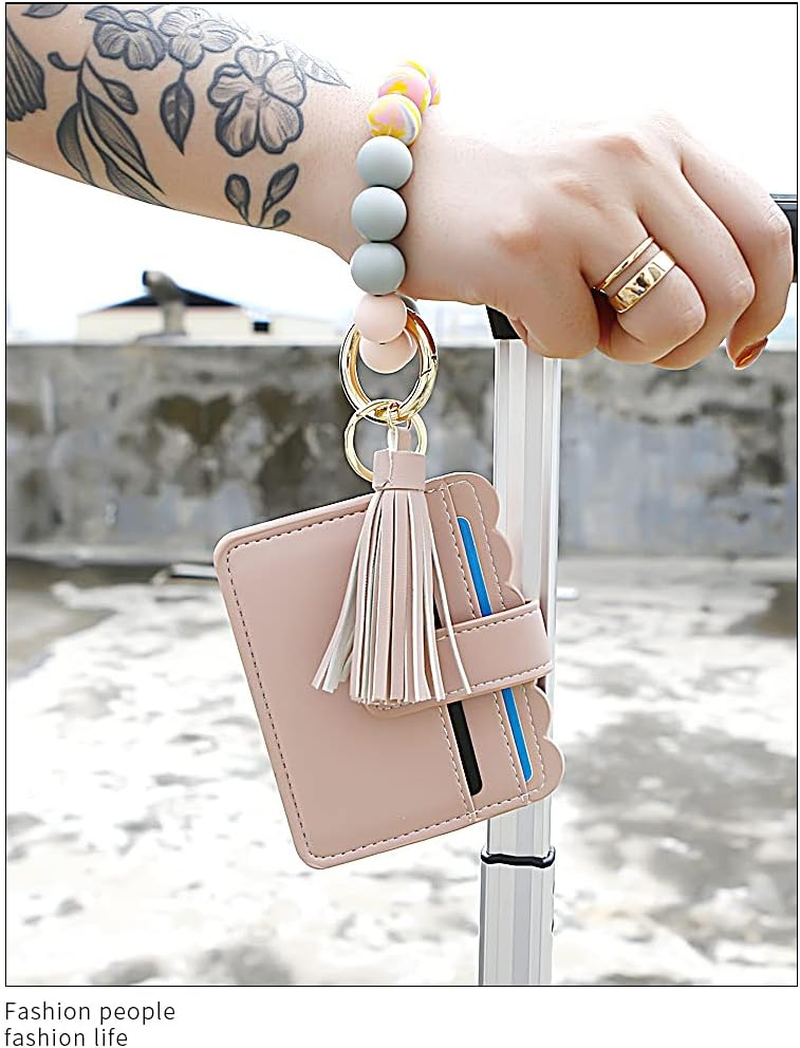 Silicone Beaded Bracelet Leather Keychain Wallet ID Card Holder Keyring Wristlet Bracelet Key Ring Chain Tassel Purse Women Girls Light Pink image number 2
