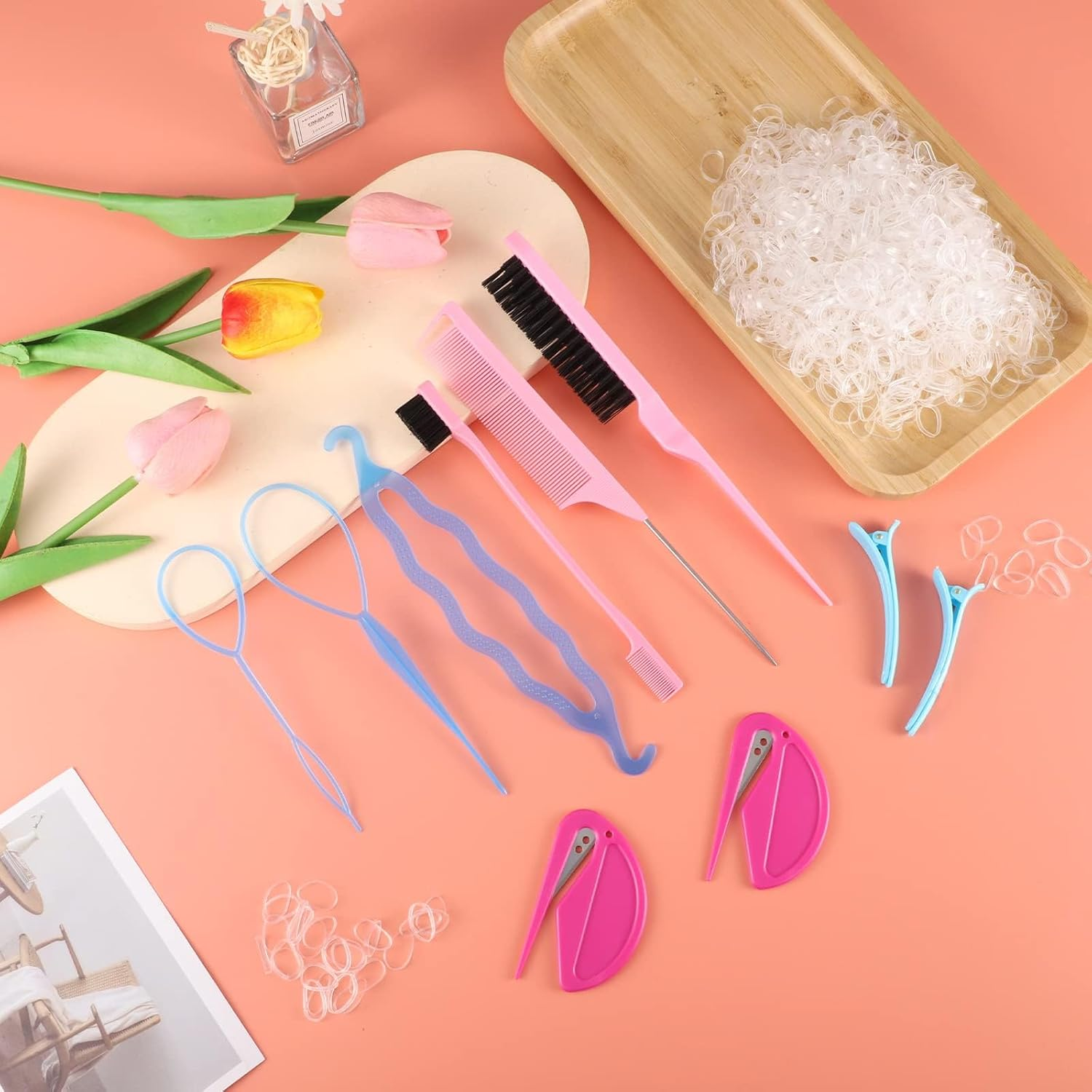 PAOFUFUI 1000Pcs Elastic Clear Hair Bands, Rubber Band Cutter, Topsy Tail Styling Tools, Girls' Christmas Accessories Gift Set (Clear) image number 2