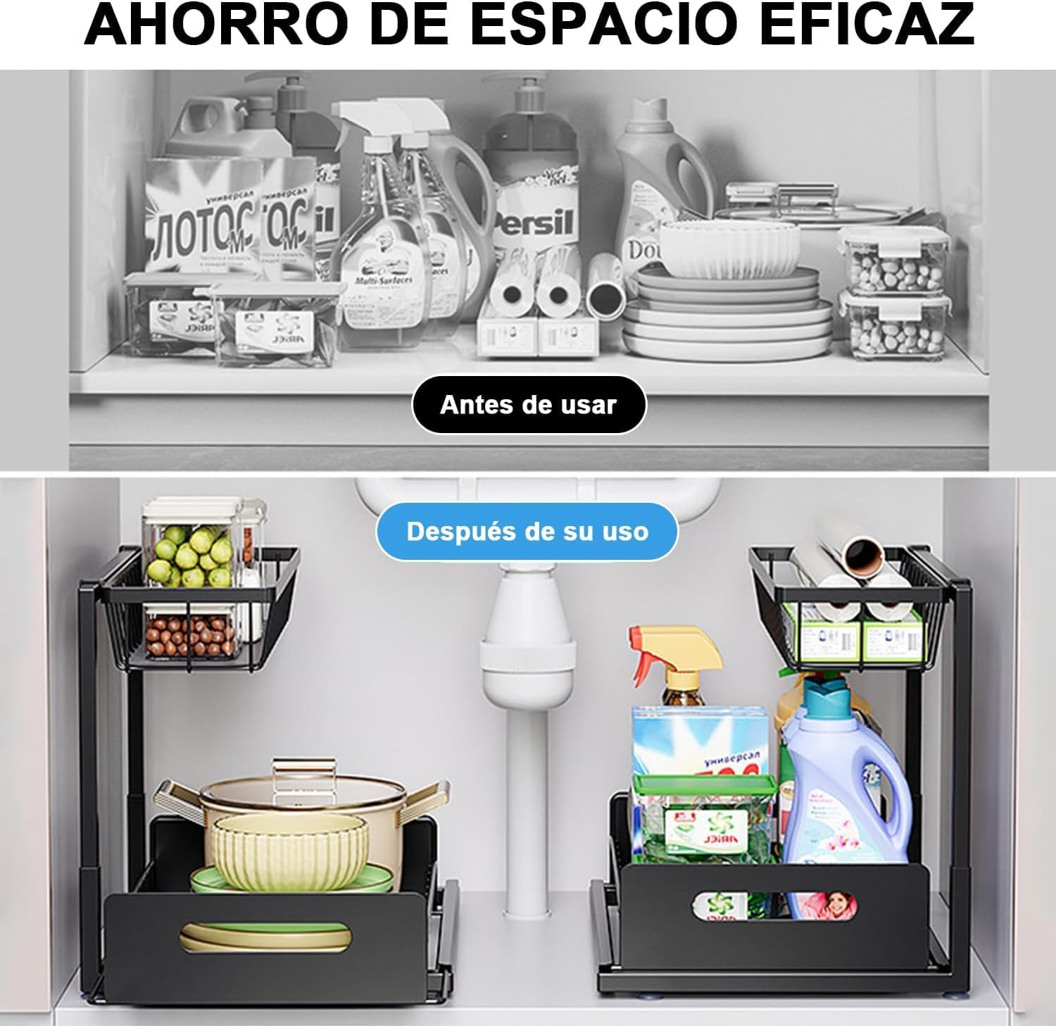 2 Pack under Sink Organizer, 2 Tier Slide Out Cabinet Storage Shelves, Multi-Purpose Metal Oragnizer for Home,Kitchen,Bathroom (Black) image number 2