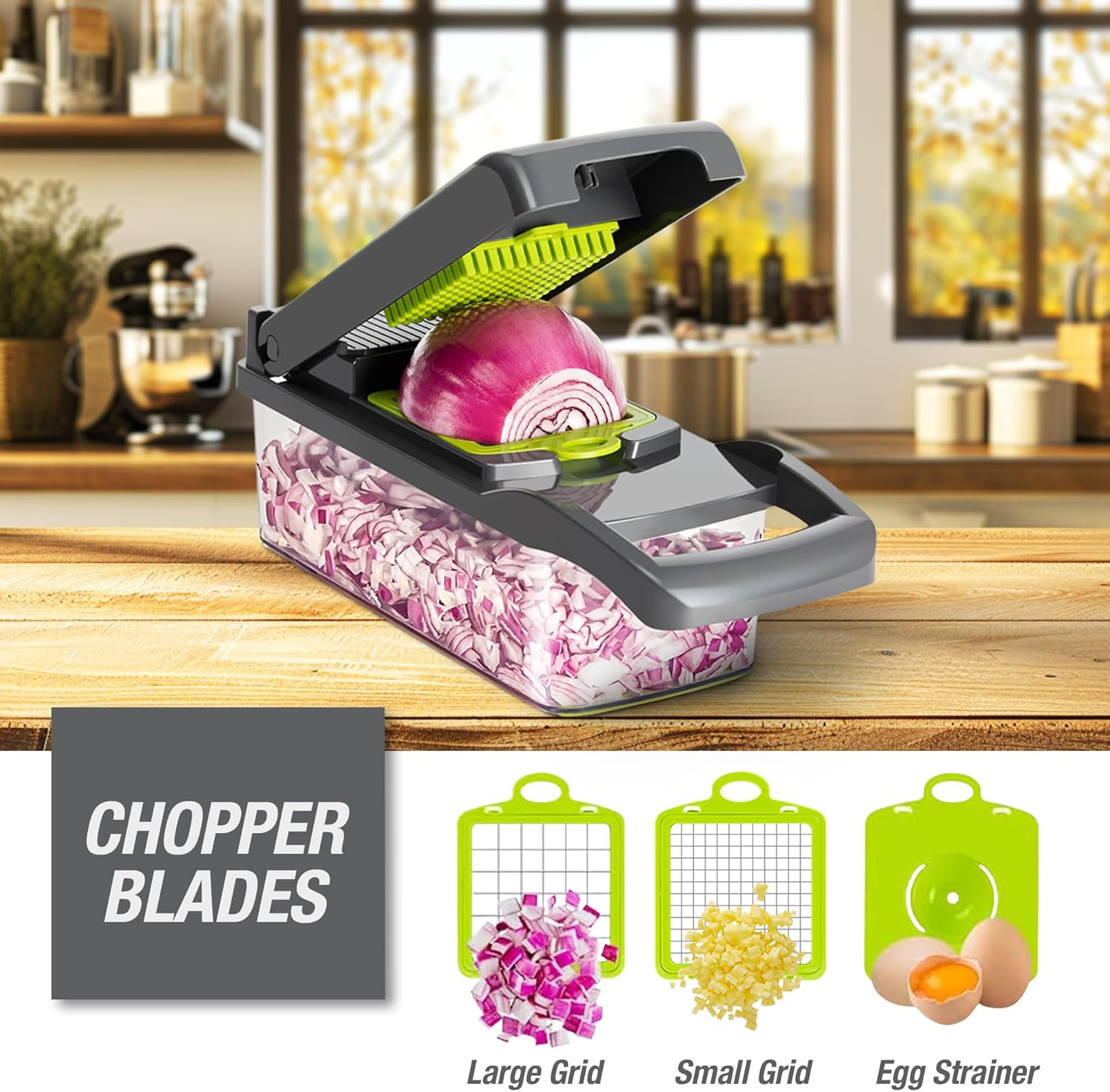 MS. KUKI Vegetable Chopper 12 in 1 Multifunctional Veggie Mandoline Slicer Cutter Food Dicer with Container Hand Guard Draining Basket Stainless Steel Blades for Onion Potato Carrot - White (Grey) - White image number 5