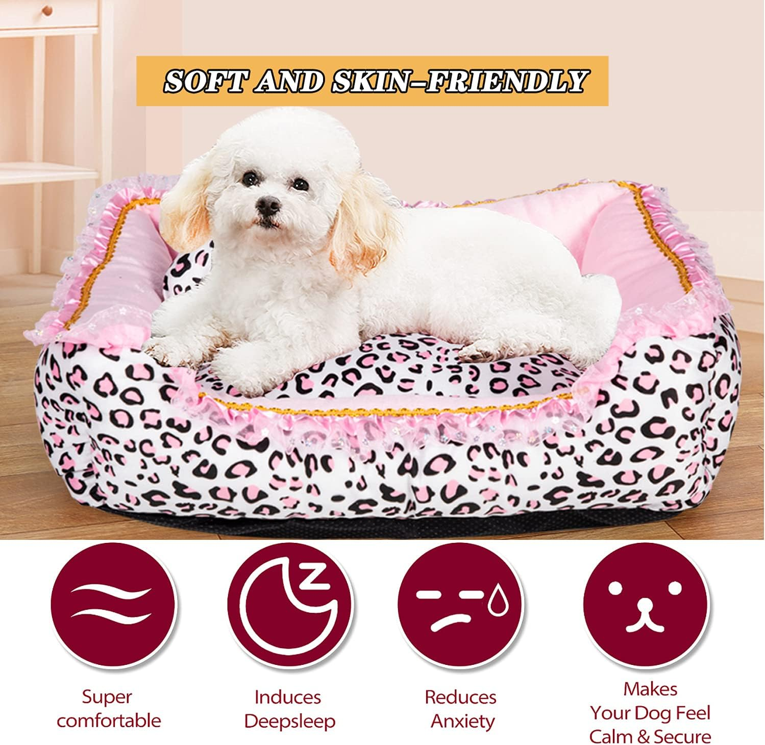 Gigreinc Cute Pink Puppy Sleeping Mat Bed with Leopard Pattern round Square Shape Cat Dog Sofa Bed Pet House Nest Cave(M, Square Bed) image number 3