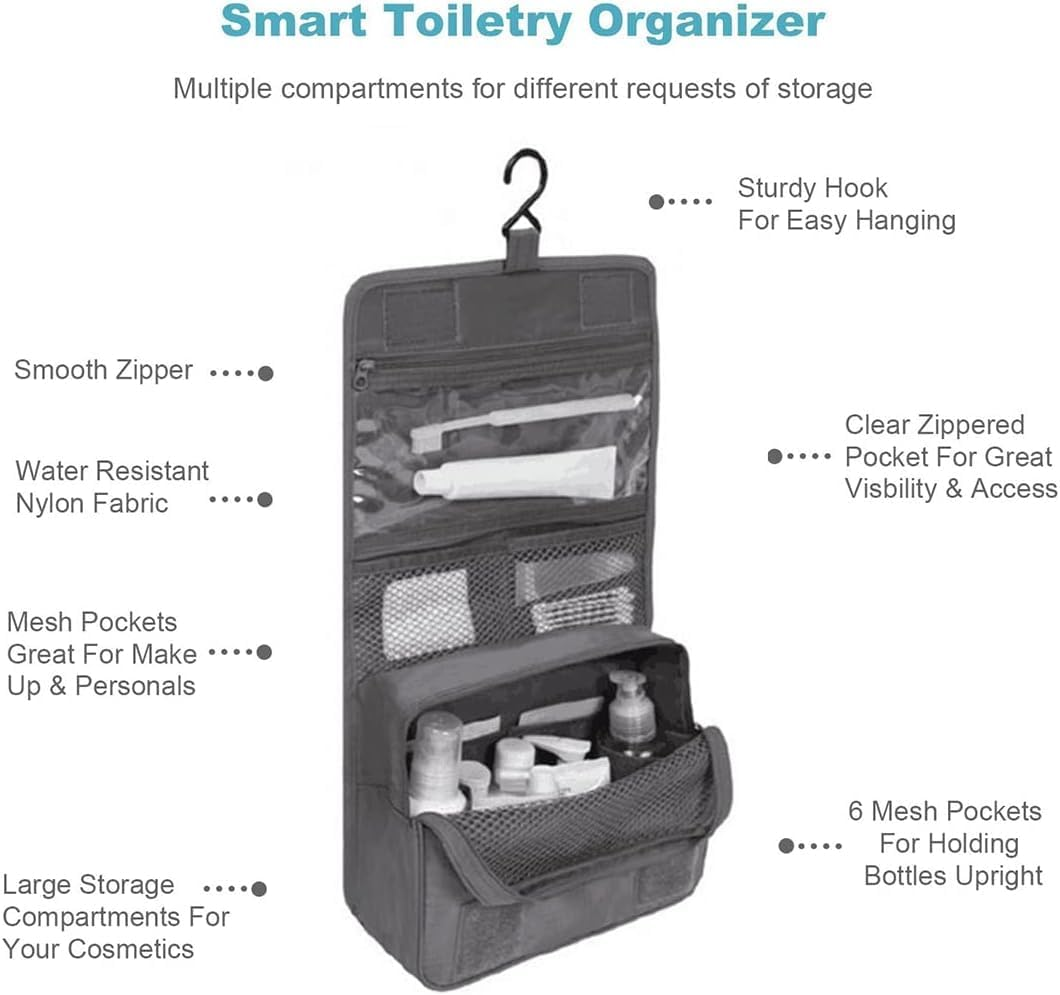 My Corgi Living Hanging Toiletry Bag with 2 Refillable Travel Size Perfume Bottle- Portable Travel Size Hanging Travel Makeup and Jewelry Organizer with Multiple Compartments for Men, Women (Grey) image number 6