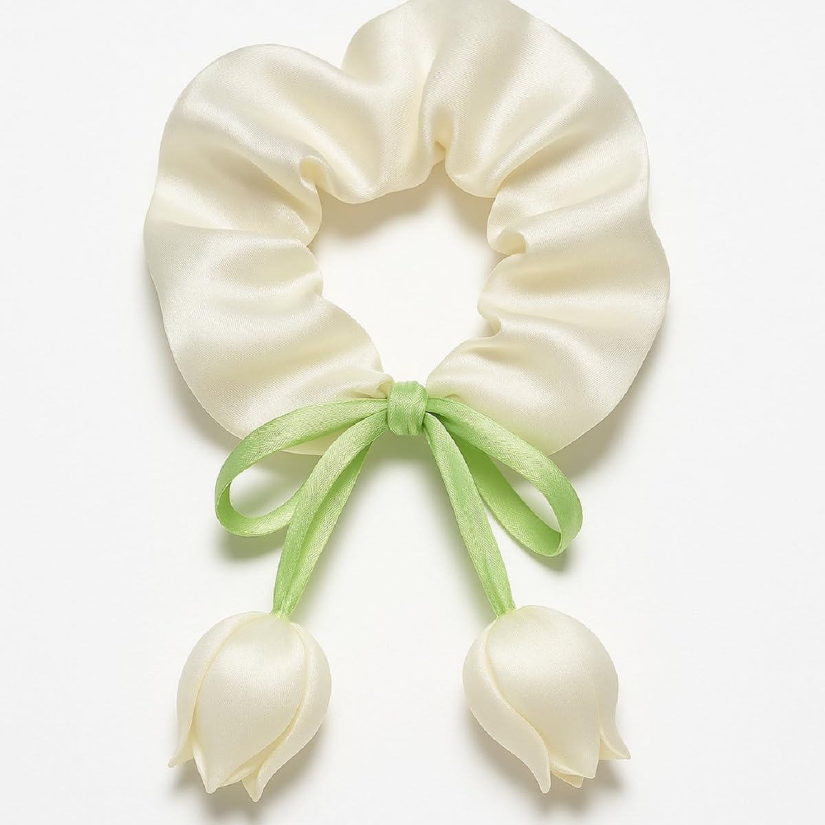 LIVSY Korean Style Sweet Satin Tulip Ribbon Scrunchie &ndash; Silk Scrunchie Hair Tie with Floral Bow & Hanging Buds | Kitsch Beauty Hair Accessories for Women & Girls, Cute Hair Clips & Stylish Hair - Purple