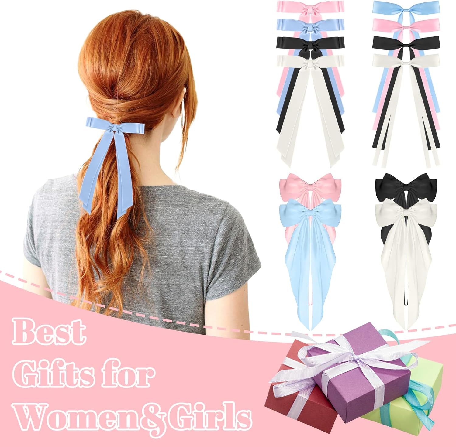 OT-NVWOZR Pack of 12 Hair Clips Bow for Women, Satin Hair Bows with Long Tail, 3 Styles Silky Bows Hair Clips Metal Girls Hair Accessories Women image number 5