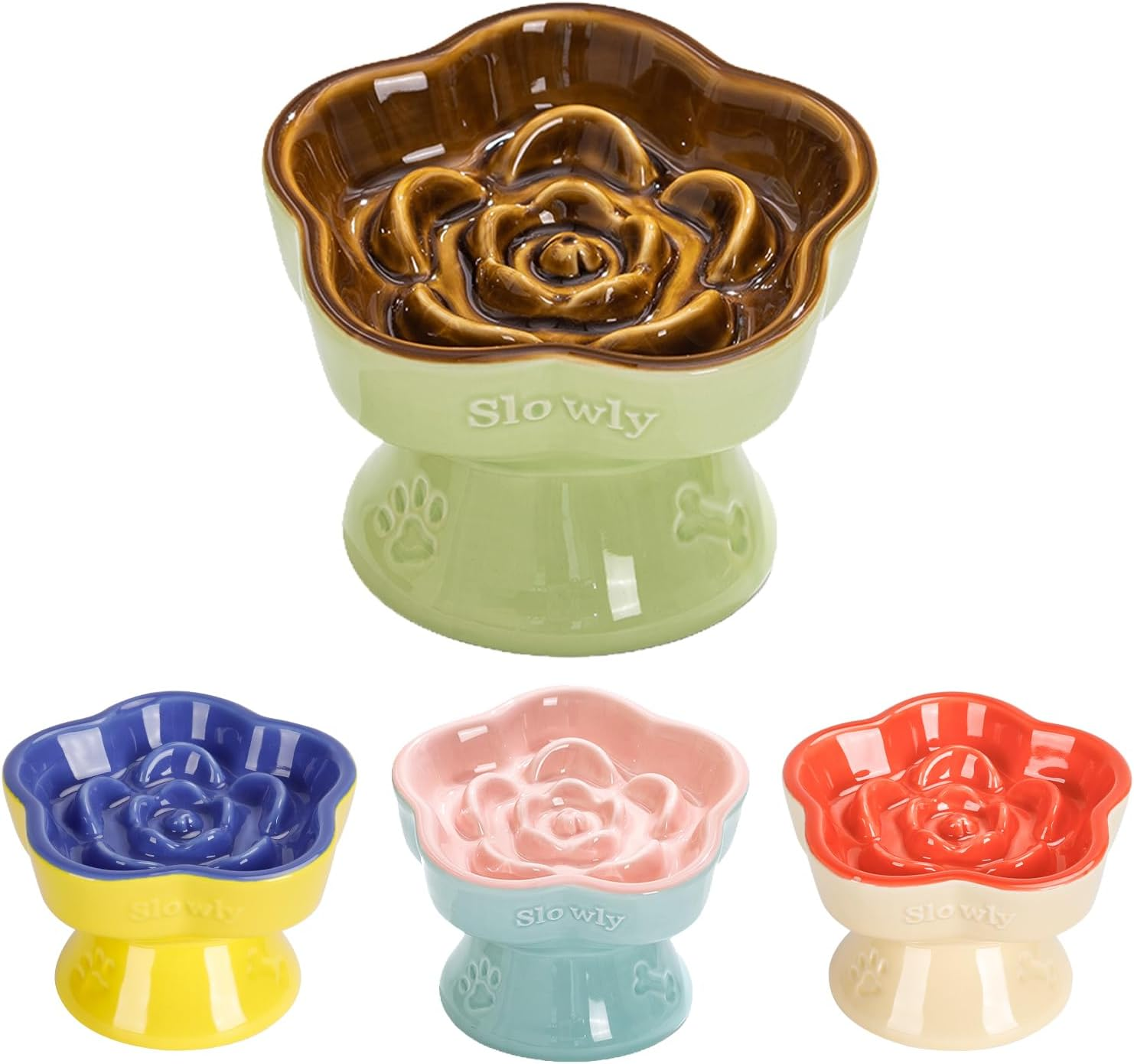 S&Q'S Ceramics Raised Slow Feeder Cat Bowl, Ceramic Elevated Cute Pet Food Bowl Small Dogs Slow Feeder, Flower Shaped Cute Cat Dish for Dry and Wet Food (Brown, 5.8")