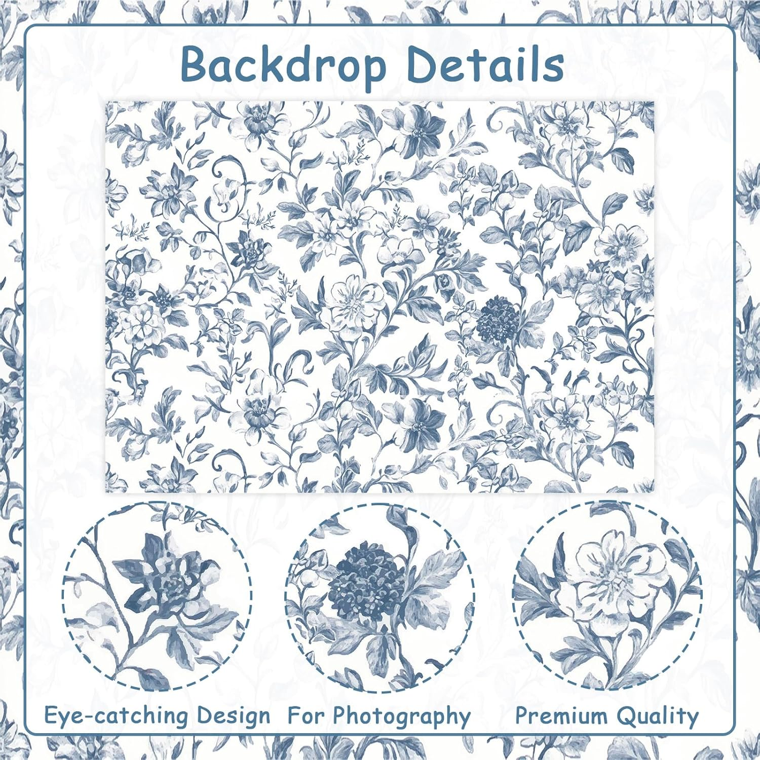 Wonmelody Blue Chinoiserie Party Decorations 7 * 5 Ft Blue Chinoiserie Backdrop Blue Floral Safari Birthday Baby Shower Backdrop Decor for Floral Blue Chinoiserie Birthday Wedding Bridal Shower image number 3