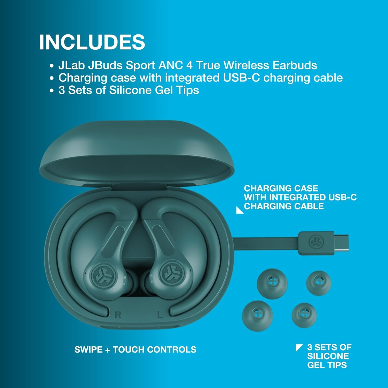 Jlab Jbuds Sport ANC 4 True Wireless Bluetooth Earbuds + Charging Case, Teal, Swipe + Touch Controls, Hybrid Active Noise Cancelation, Multipoint Connect, Customized Settings App image number 5
