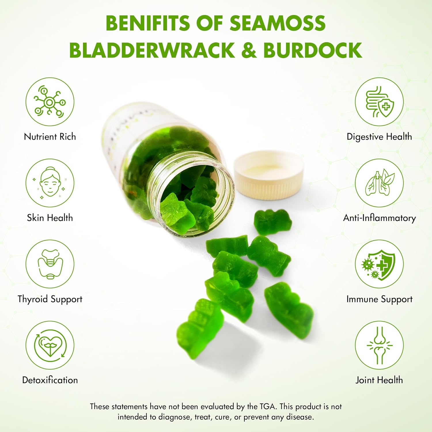 Seamoss Gummies with Bladderwrack and Burdock - 3 in 1 Superfood - One Month Supply - NON GMO image number 3