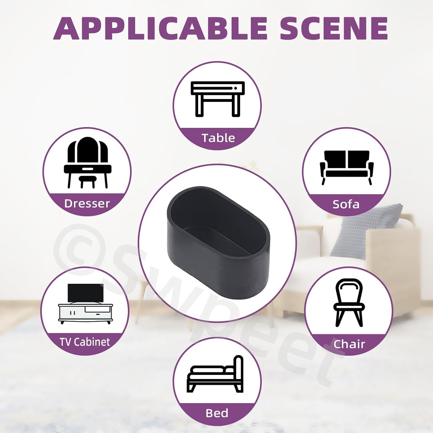 Swpeet 10Pcs 1.2"&times;2.4" Black Oval Chair Leg Caps, Floor Protectors, Table Chair Leg Protection Cover, Furniture Leg Caps，Leg Tips Covers, Feet Pads, Feet for Furniture Table Chair image number 2