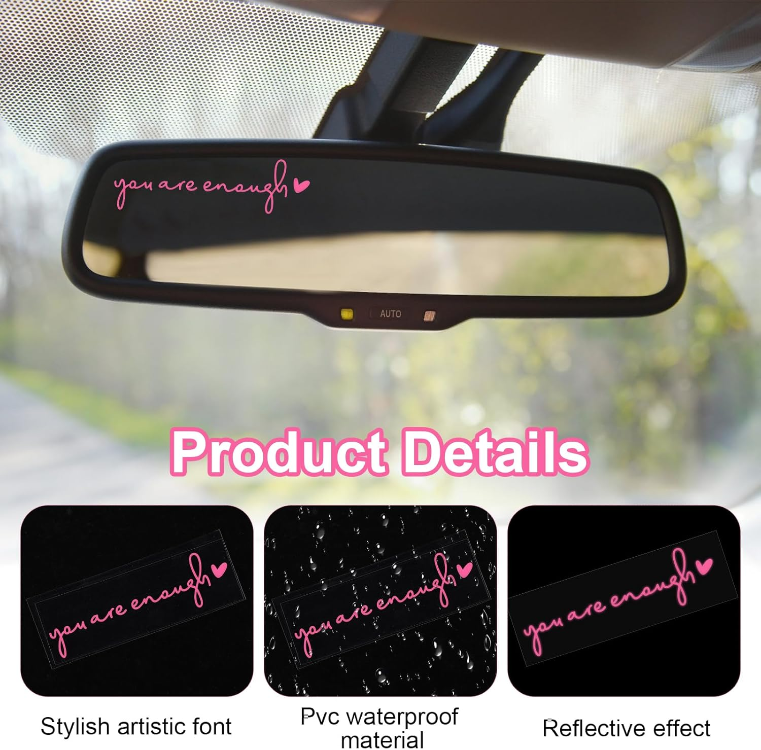4X You Are Enough Rearview Mirror Decal, Rear View Mirror Sticker, Car Window Decals, Self Affirmations Vanity Mirror Stickers for Women Water Bottle Laptop Bumper Car Accessories Gifts (Pink) image number 6