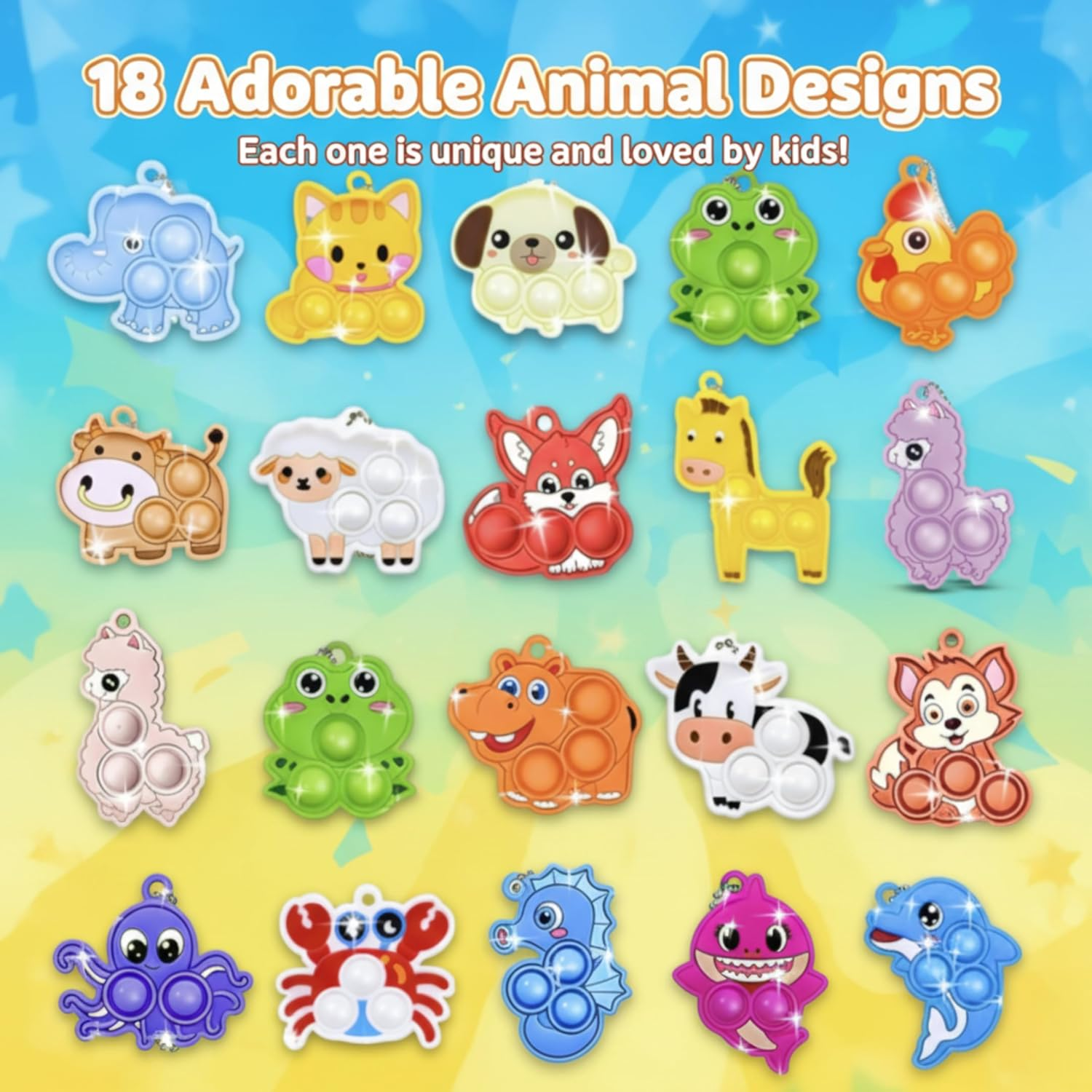 36Pcs Animal Pop Fidget Keychains - Party Bag Fillers for Kids, Lolly Bag Fillers, Bulk Toys for Classroom Prizes, Stress Relief Party Favours, Stocking Fillers for Kids, Pinata Fillers image number 6