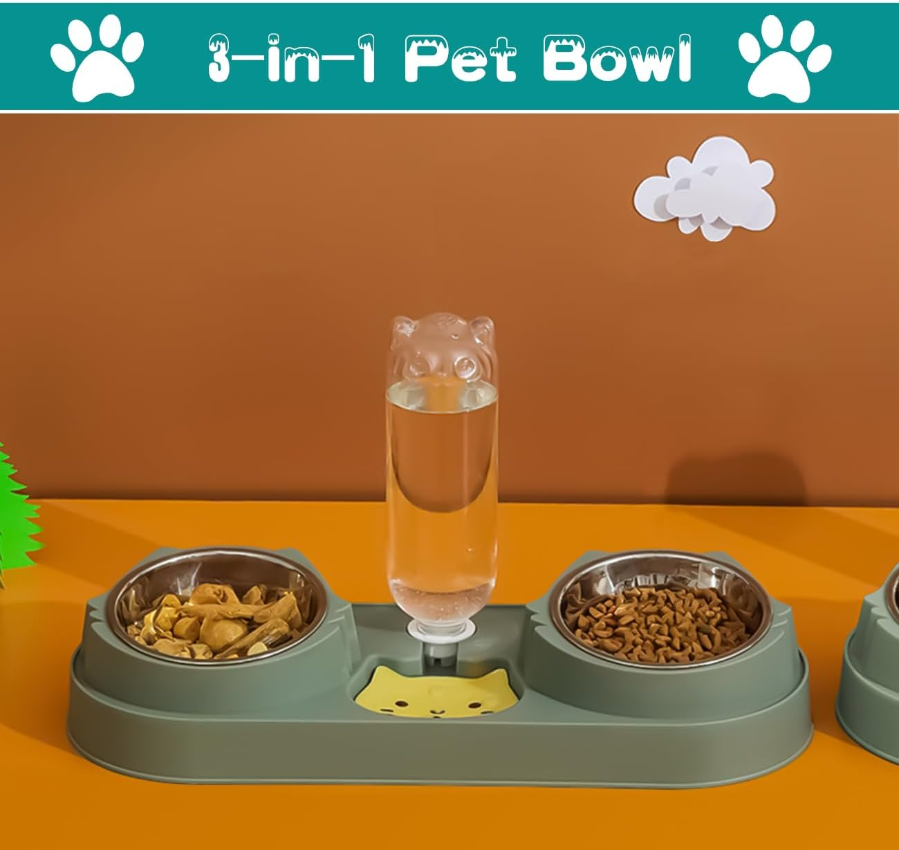 Cat Bowl,Raised Dog Bowls,Water and Food Bowl Set,3 in 1 Pet Feeder and Waterer,15&deg; Tilted anti Vomiting Elevated Cat Dish,Pet Feeding Bowl with Automatic Waterer Bottle for Kitten Puppy Dogs (Green) image number 4