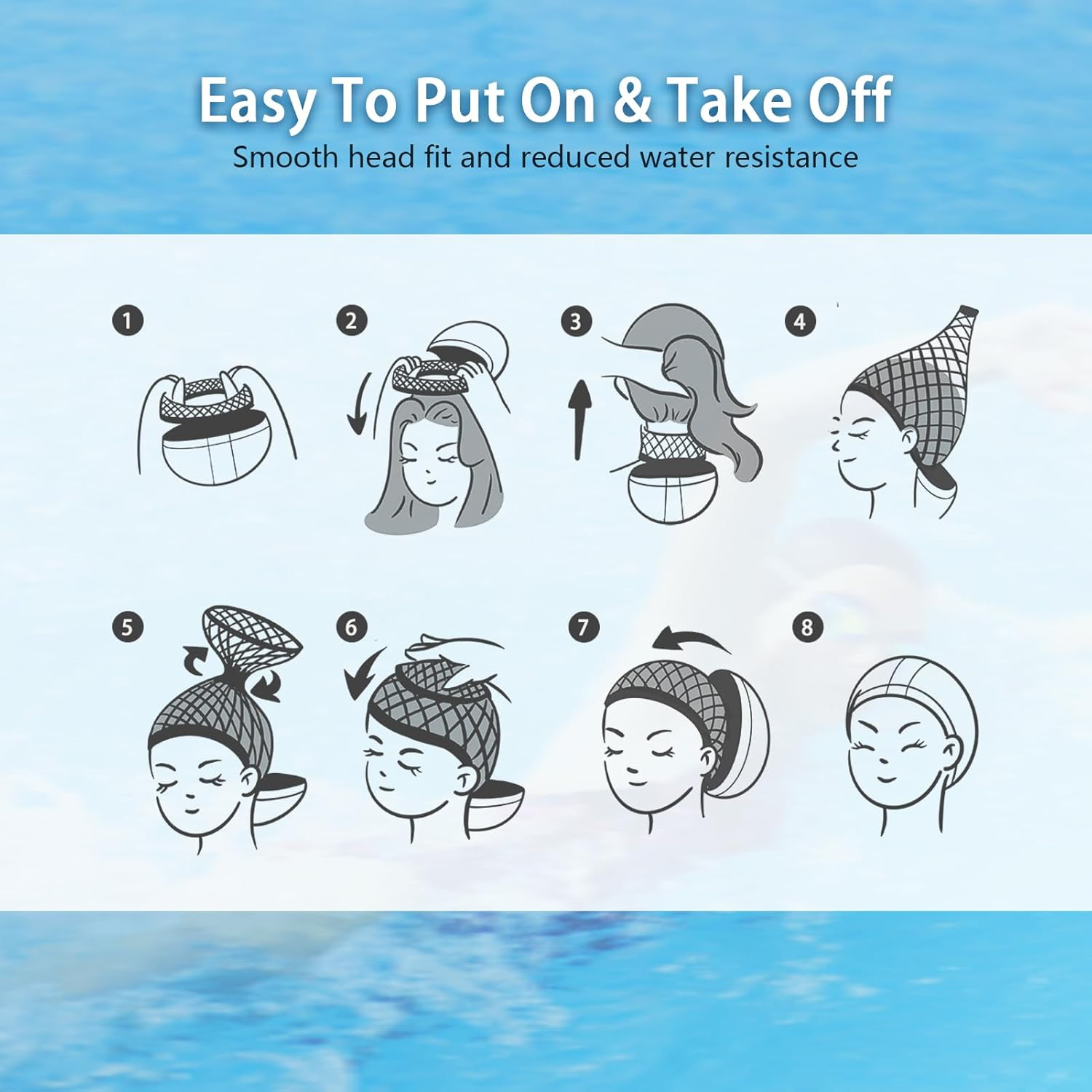 Women PU Coat Waterproof Fabric Hairnet Swim Cap Long Lair Swim Hat Elasticity Swimming Cap Long Hair - Black image number 2