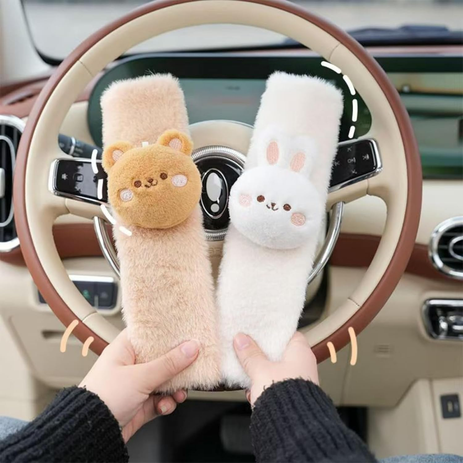 2 PCS Seat Belt Cover Pad, Cute Kawaii Animal Bunny Seatbelt Covers for Kids and Adults, Winter Plush Fluffy Soft Seat Belt Cover, Cartoon Seatbelt Cushion,Car Seat Strap Pads image number 2