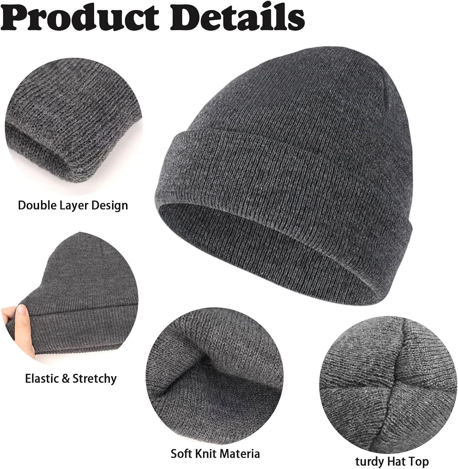 Fiohiros 2 Pack Kids Beanie, Baby Toddler Beanie, Warm Soft Stretchy Unisex Knit Winter Hat for Boys, Girls 3-17 Years - 2 Pack Black+Grey image number 6