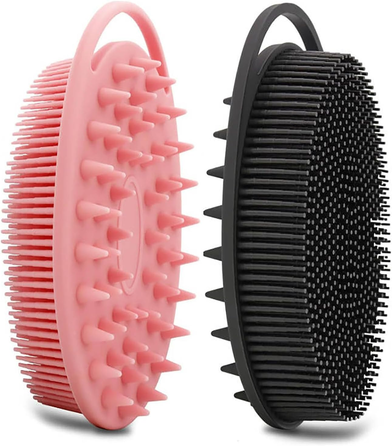 2-Pack Silicone Body Scrubber, 2-In-1 Bath Shampoo Body Brush, Soft Exfoliating Massage Loofah for All Skin Types，Double-Sided Design, Non-Slip Handle (Pink&Black)