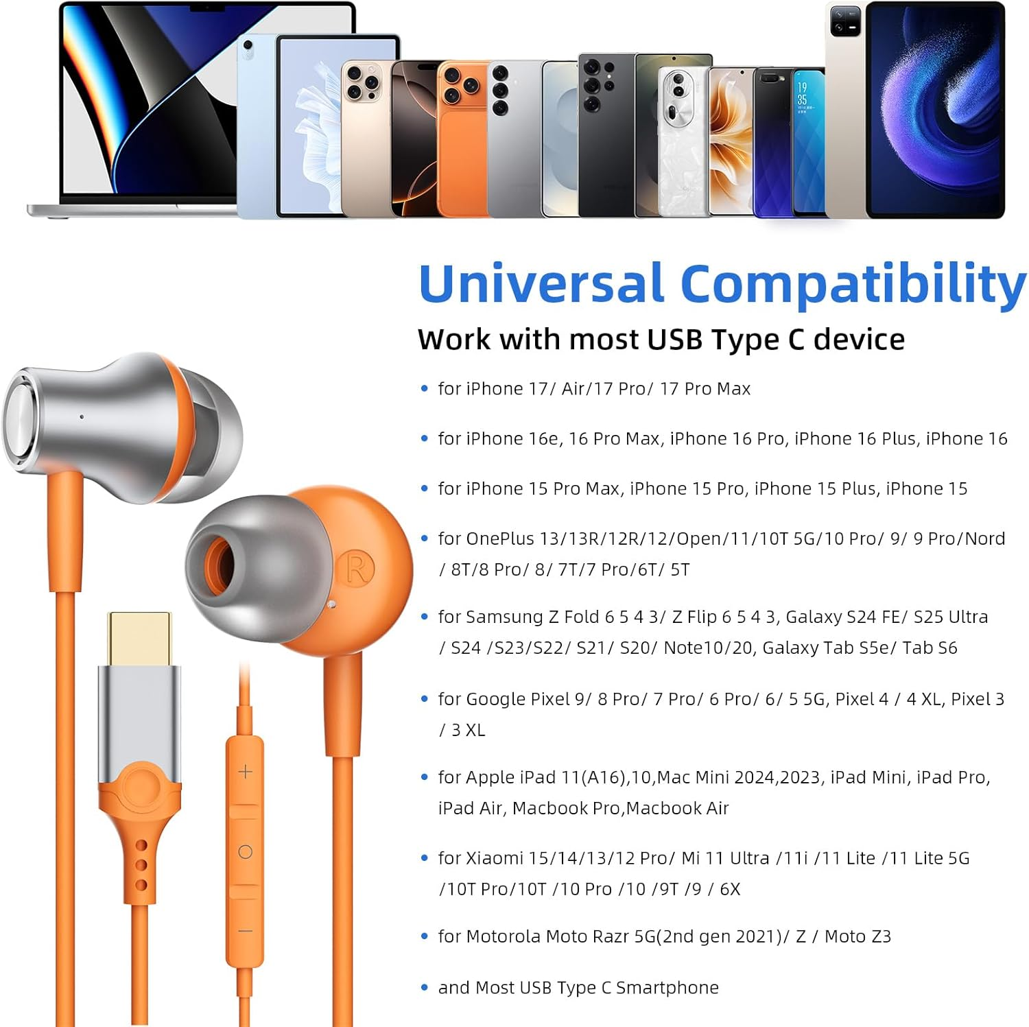 USB C Headphones with Microphone for Iphone 17 Pro Max 16E 15 Plus, USB Type-C In-Ear Earbuds Noise Isolation Hifi Stereo Wired Earphone Volume Controls for Samsung S25 Google 9 Oneplus 13 image number 2