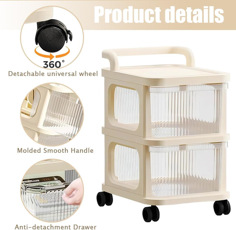 2 Drawer Storage Carts,Tiers Rolling Cart,Plastic Drawer Storage,Mobile Trolley Organizer with Handle,Clutter Storage Rack,Multifunctional Organizer Cart,For Home image number 4