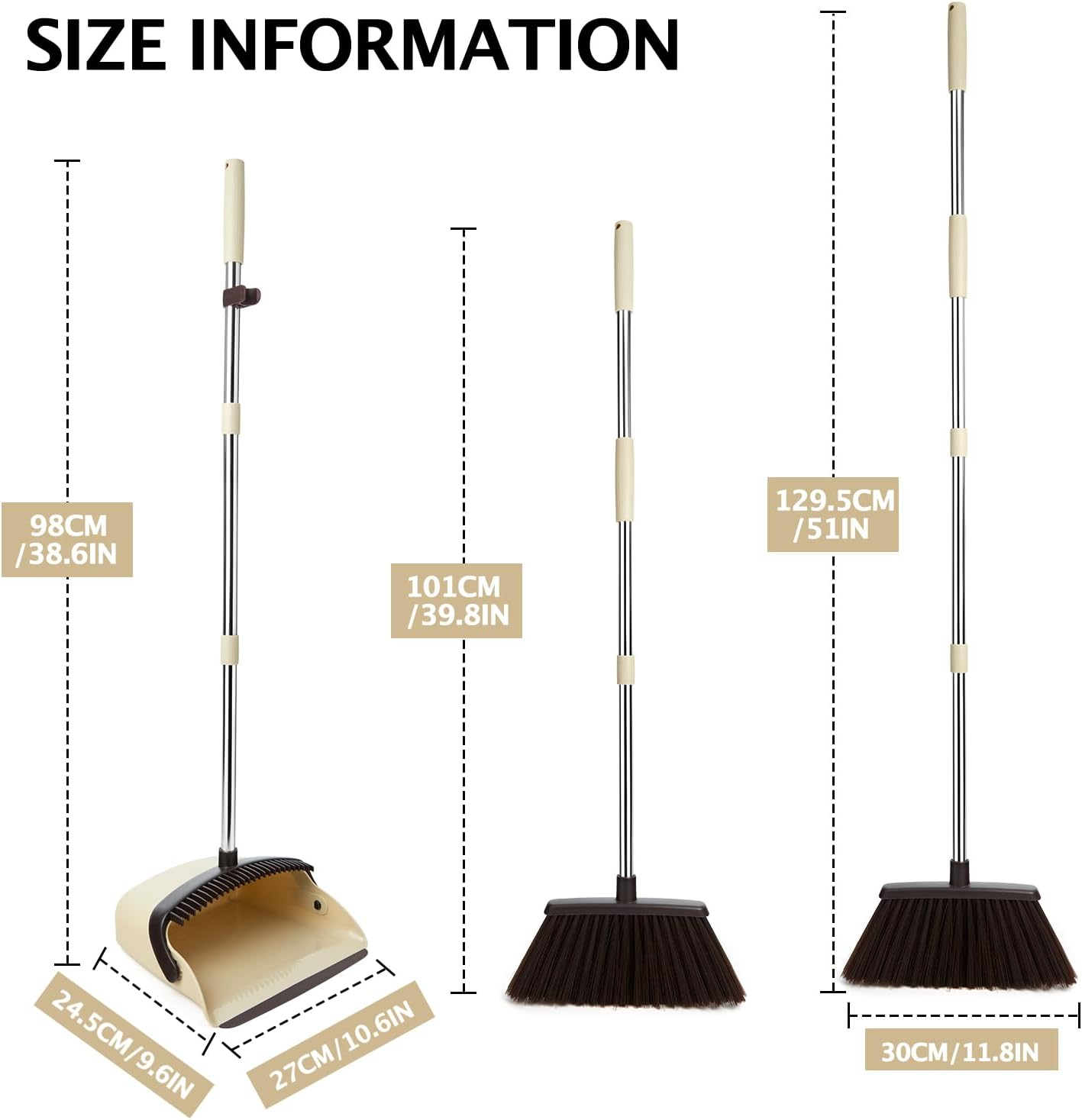 XXFLOWER Long Handle Dustpan and Brush Sets, Broom and Dustpan Set with Comb Teeth, Sweeping Brush Set for Indoor Kitchen Lobby Office Sweeping Pet Dog Hair, Household Cleaning Supplies (Brown Beige) image number 3
