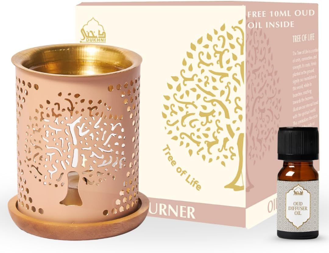 Dukhni Tree of Life Oil Burner | Brass Burner with Candle | Use This Diffuser with Essential Oil & Diffuser Oils | Relax with Home Aromatherapy for Stress Relief, Meditation and Home Fragrance image number 1