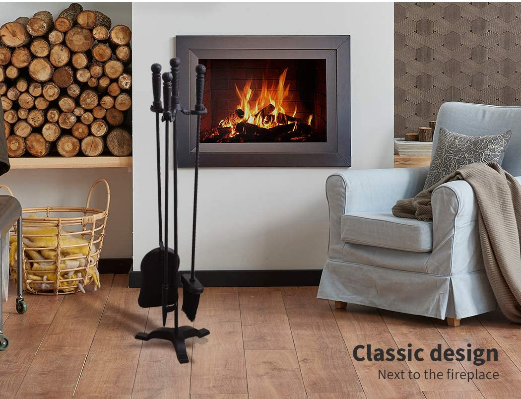 Traderight Fireplace Tool Set with Stand, 4PCS Cast Iron Firepit Tools Accessories Fire Place Poker Brush Shovel Stand image number 6