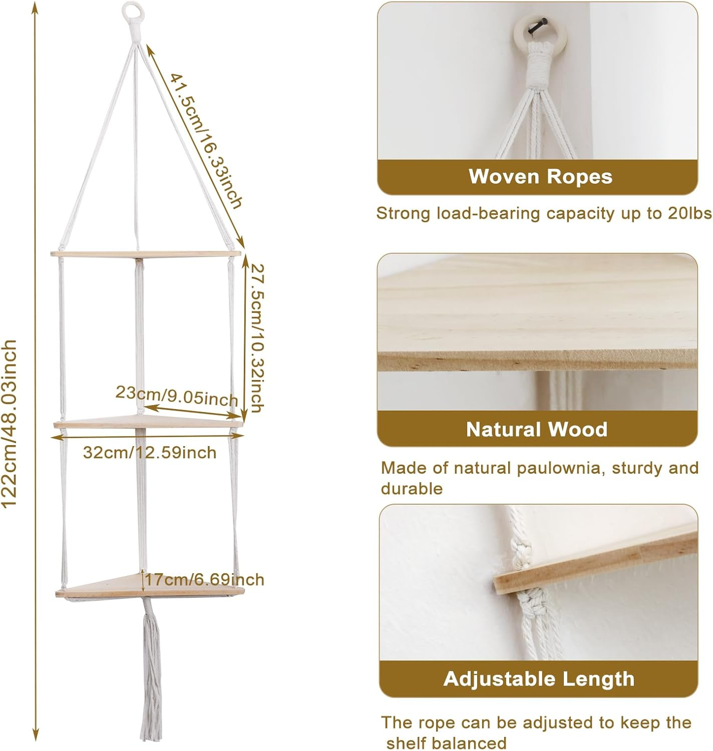 Artilady White Corner Floating Shelves Wall Hanging- Macrame 3 Tier Corner Shelf Plant Wall Decor Boho Rustic Wooden Storage Orgnizer for Bedroom Living Room Pots Photos - Black 3 Layers image number 7