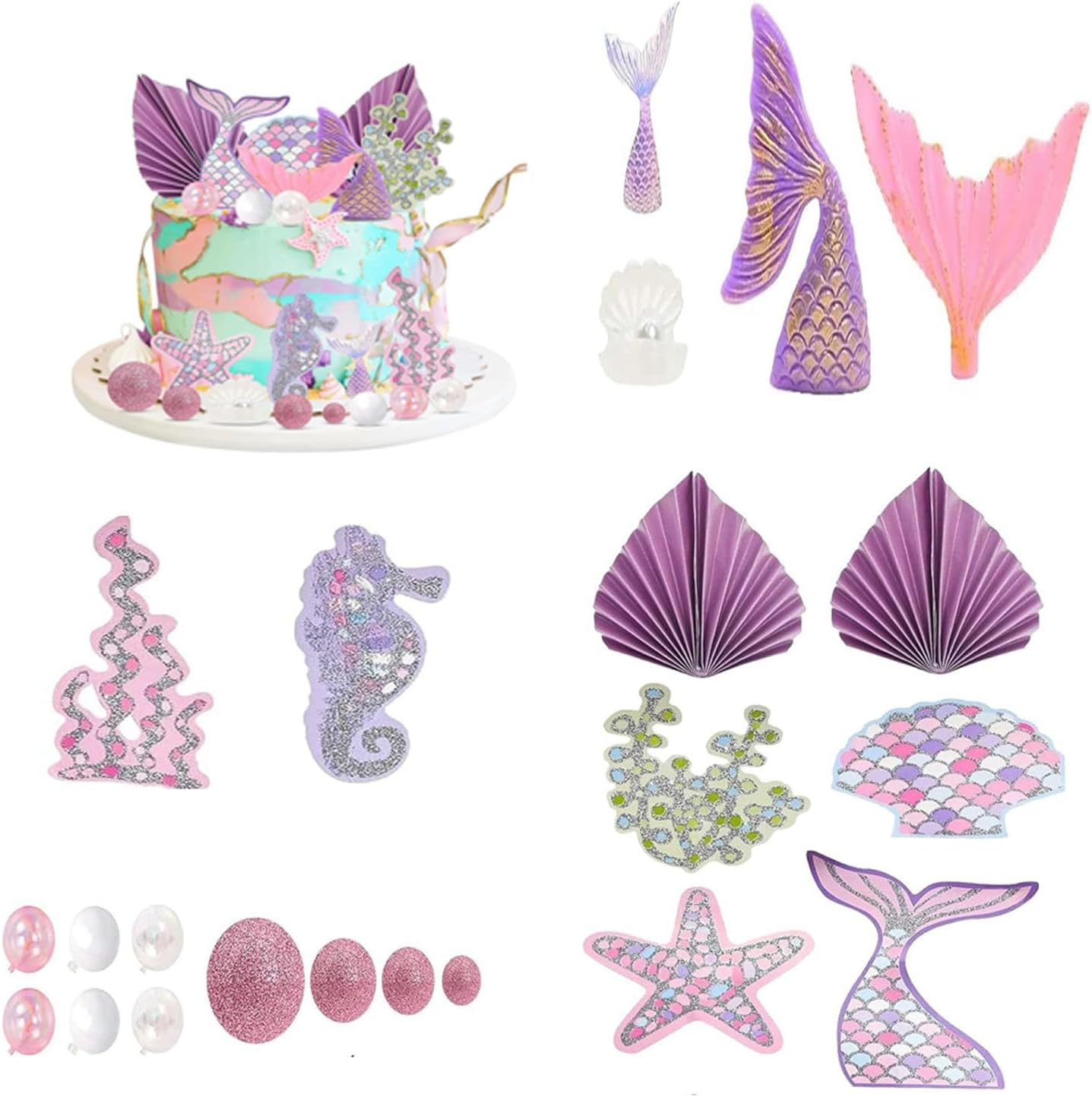 Limcryspp 22-Piece Marine-Themed Mermaid Cake Flag Set, Including Mermaid Tails, Starfish, Shells and Bubbles, Is Suitable for Baby Parties and Birthday Party Decorations image number 2