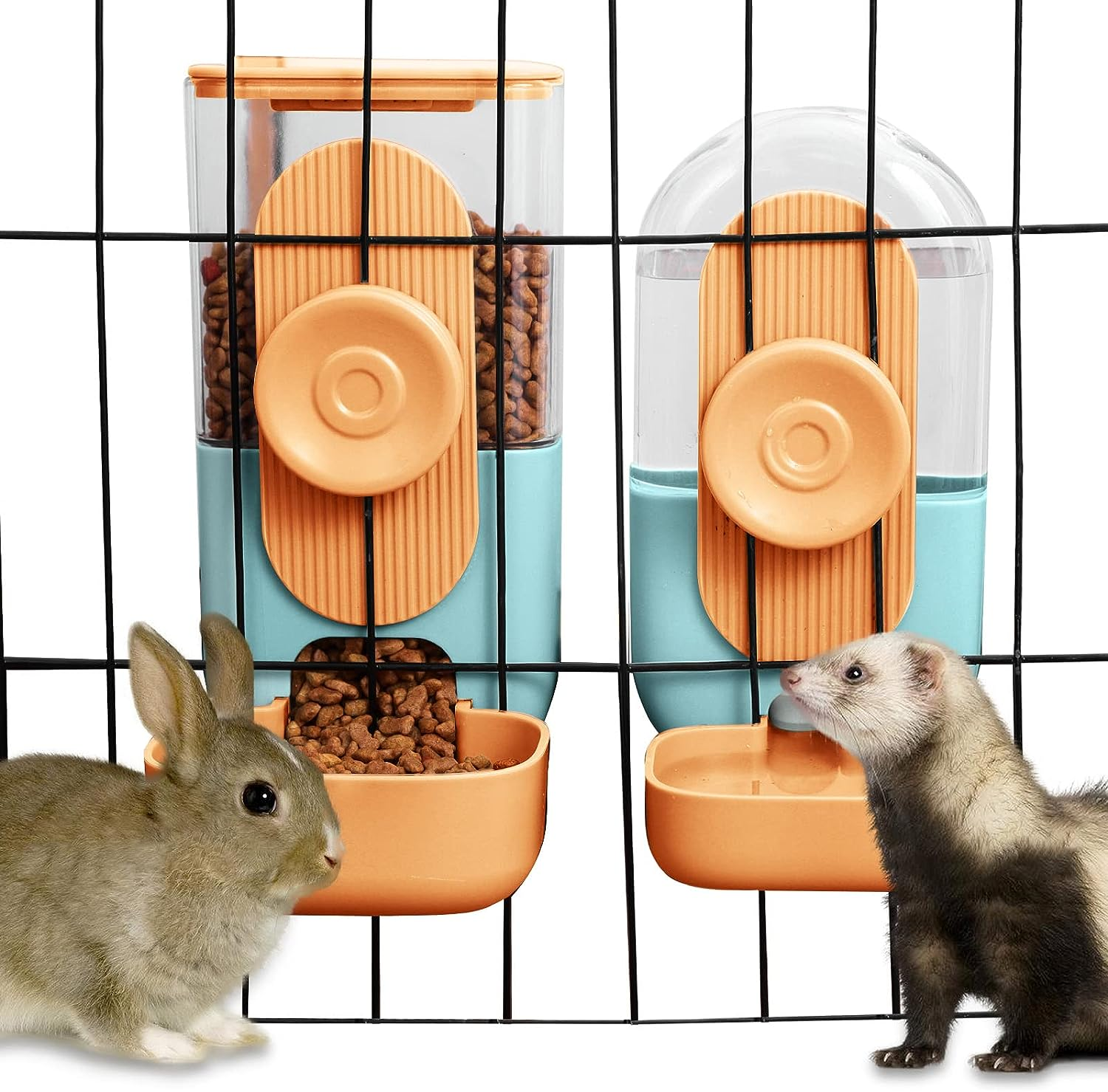 Hanging Automatic Food Water Dispenser,Gravity Rabbit Feeder Water Dispenser Set,Cage Cat Water Dispenser,Food Bowl for Bunny Guinea Pig Ferret Water Dispenser (Cage Grid Spacing over 1.2'')