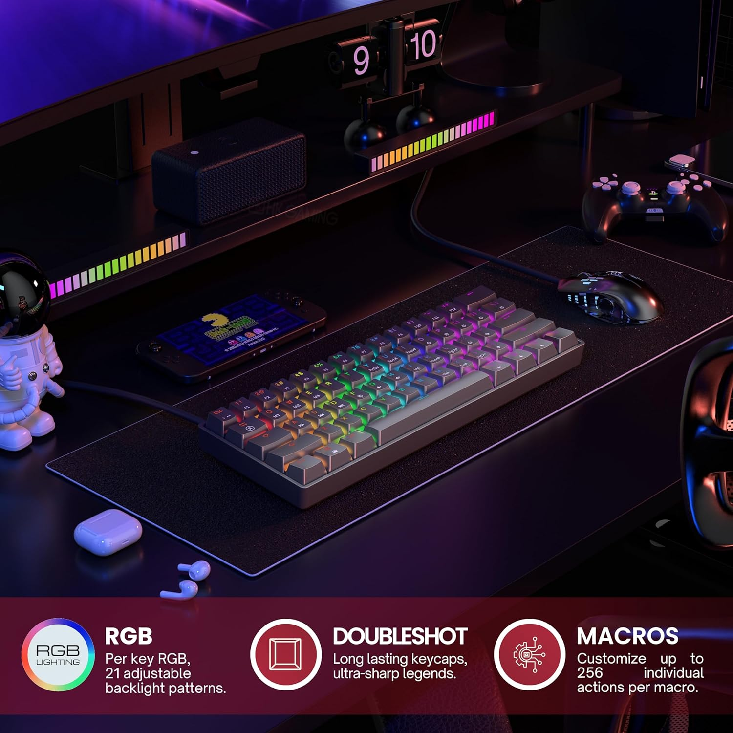 HK GAMING GK61 60% V3 | Hotswap Mechanical Gaming Keyboard | 61 Keys Multi Color RGB LED Backlit for Pc/Mac Gamer | US Layout (Black, Mechanical Speed Yellow) image number 7